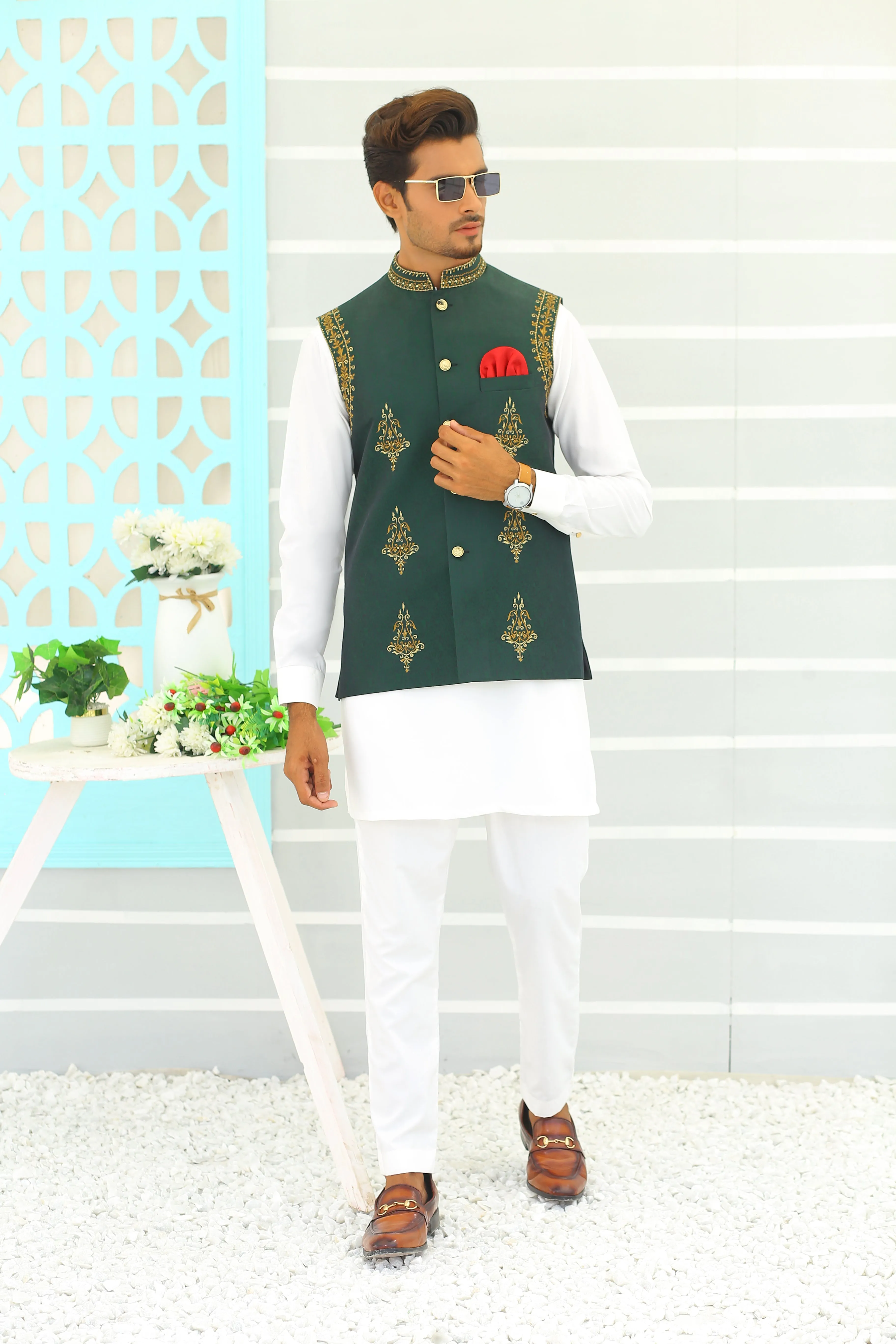 Edge Republic - ER WC 1061 Green Copper Embroidery Waistcoat