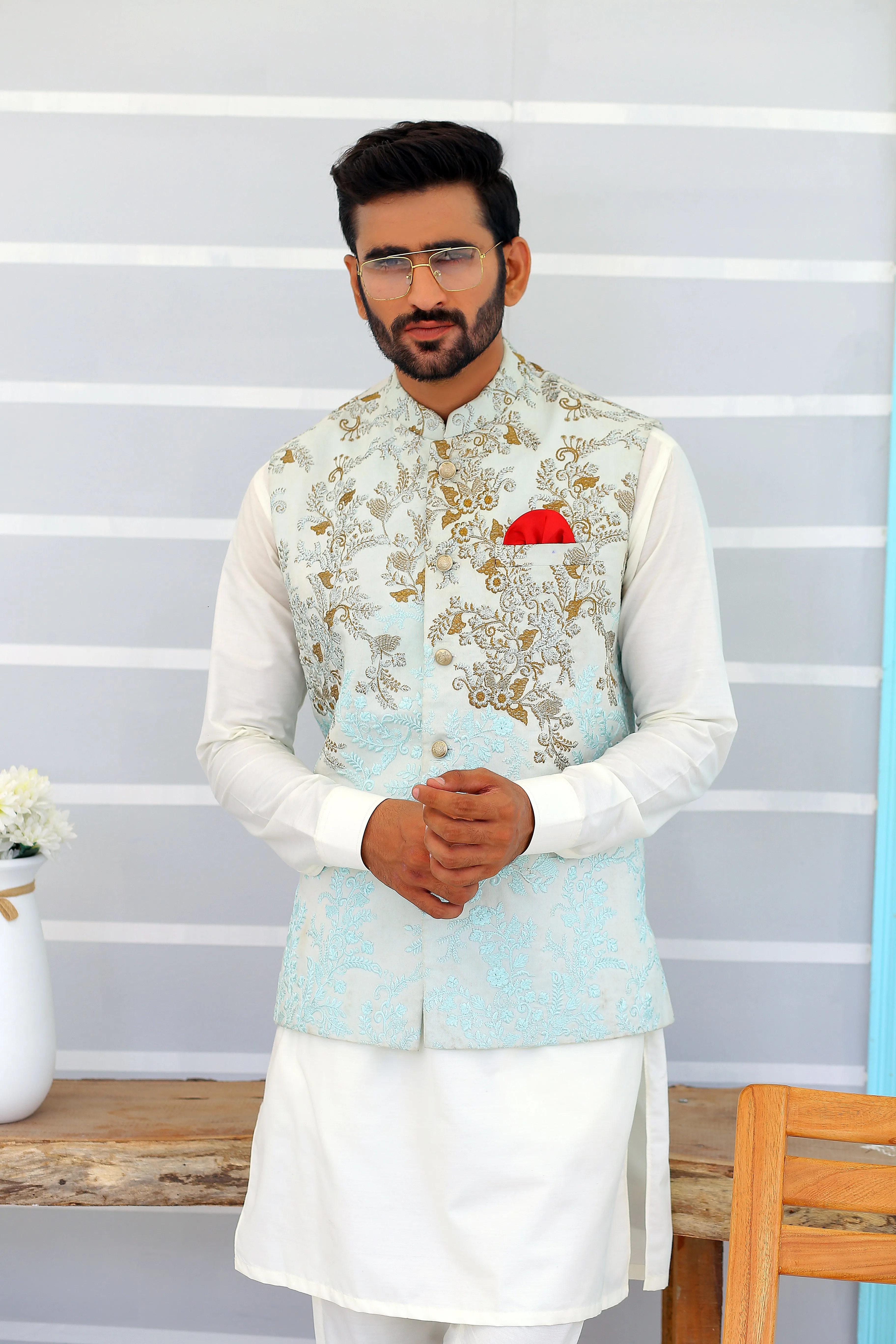 Edge Republic - ER WC 1086 Sky Blue Embroidered Waistcooat