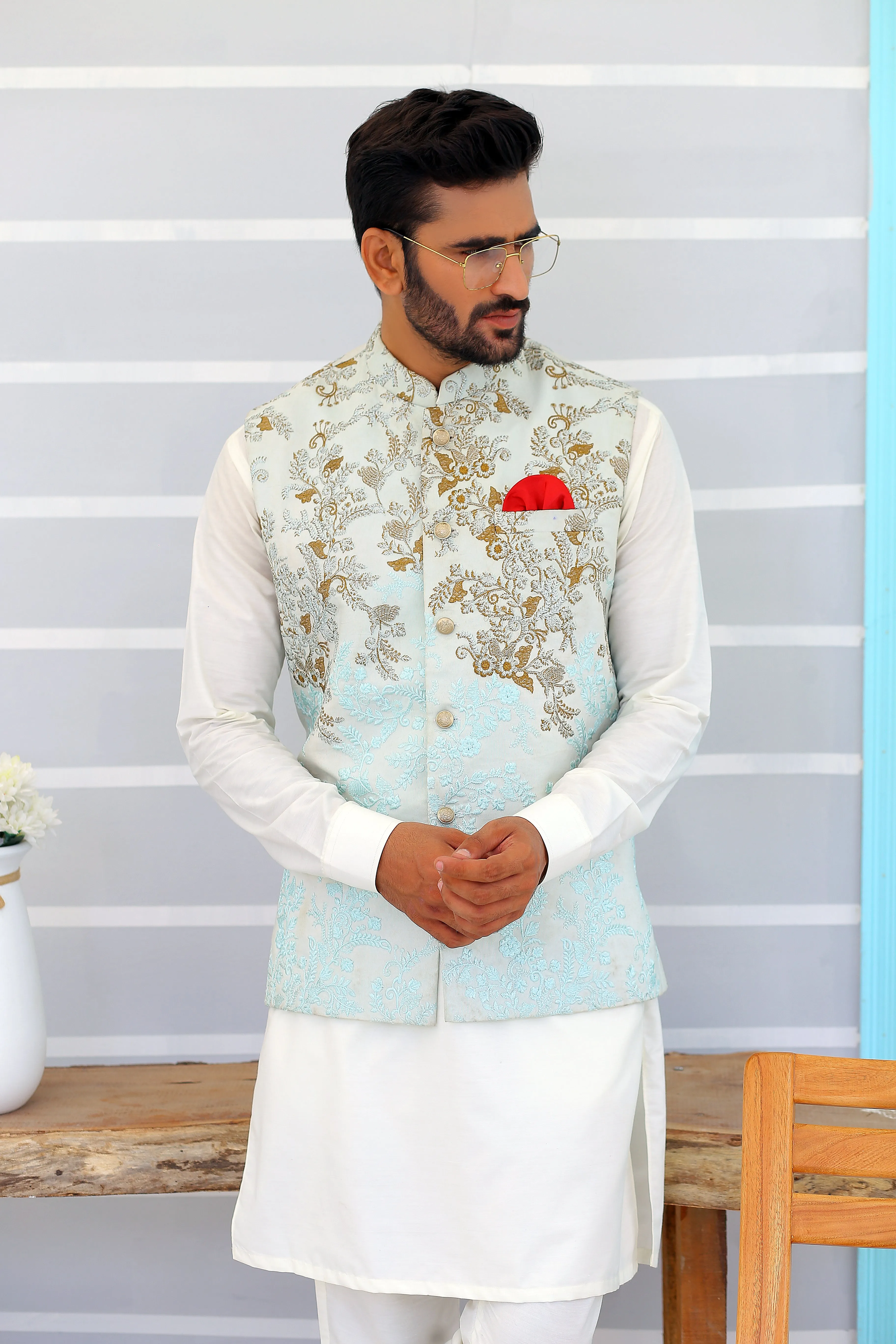 Edge Republic - ER WC 1086 Sky Blue Embroidered Waistcooat
