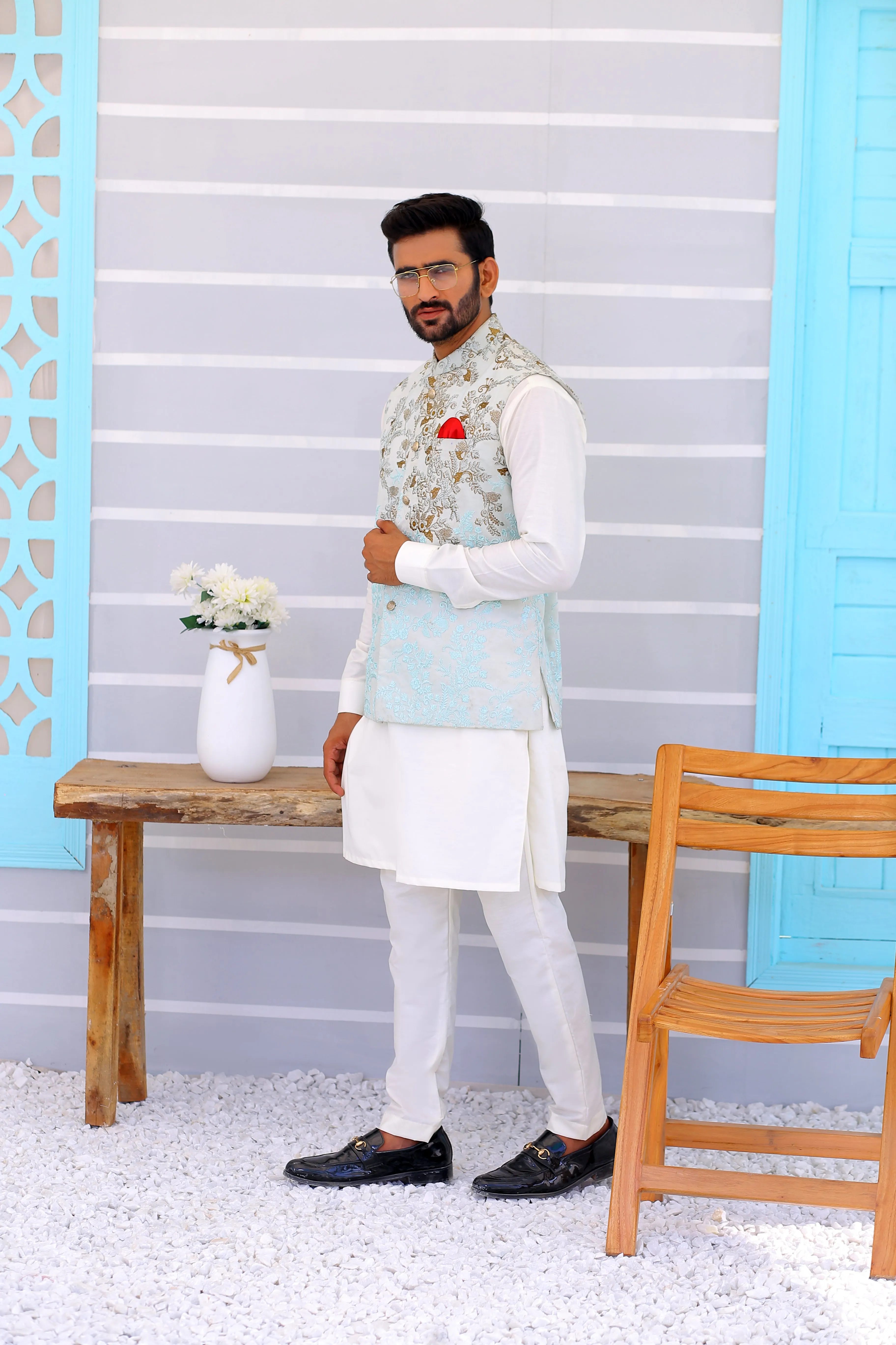 Edge Republic - ER WC 1086 Sky Blue Embroidered Waistcooat