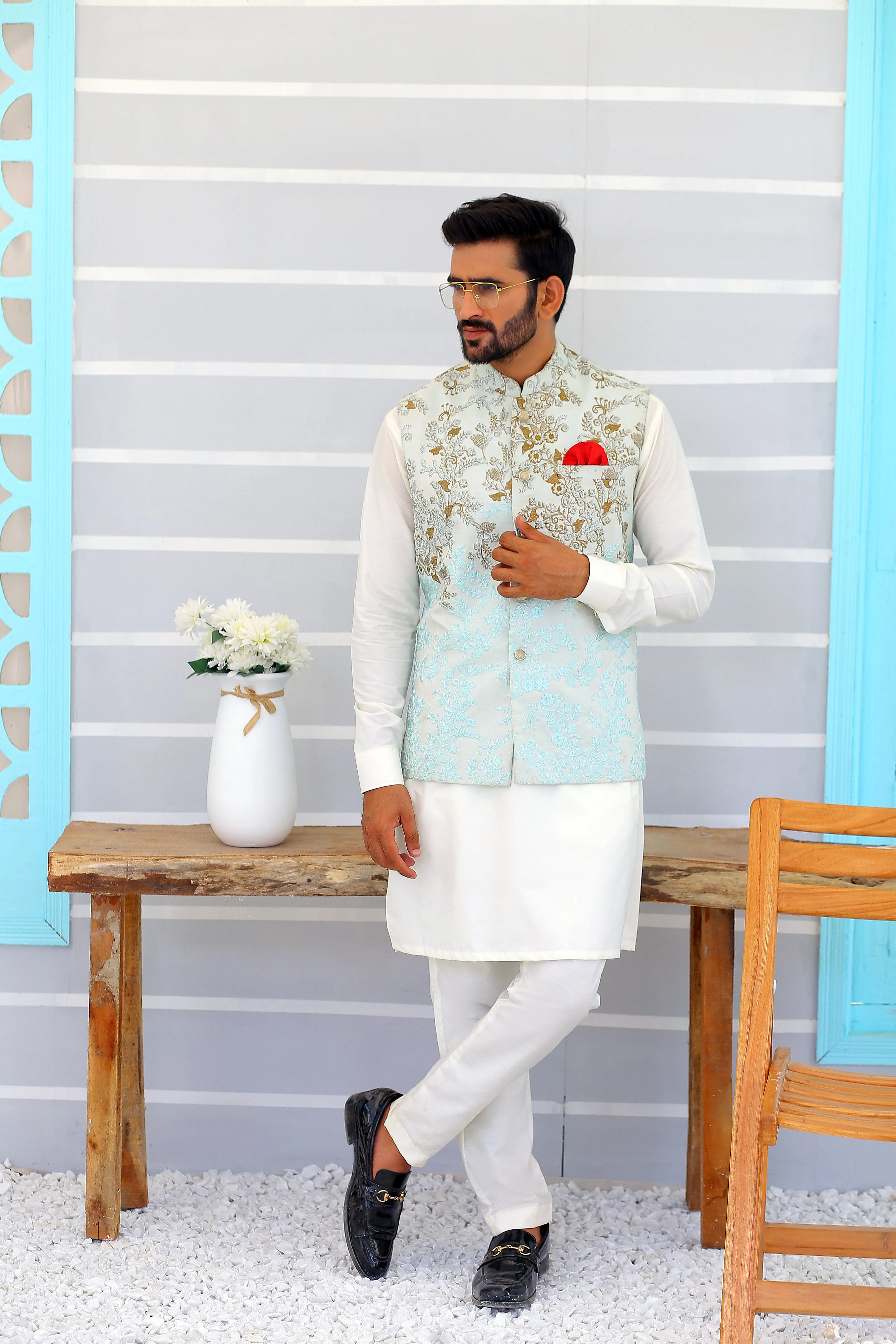 Edge Republic - ER WC 1086 Sky Blue Embroidered Waistcooat
