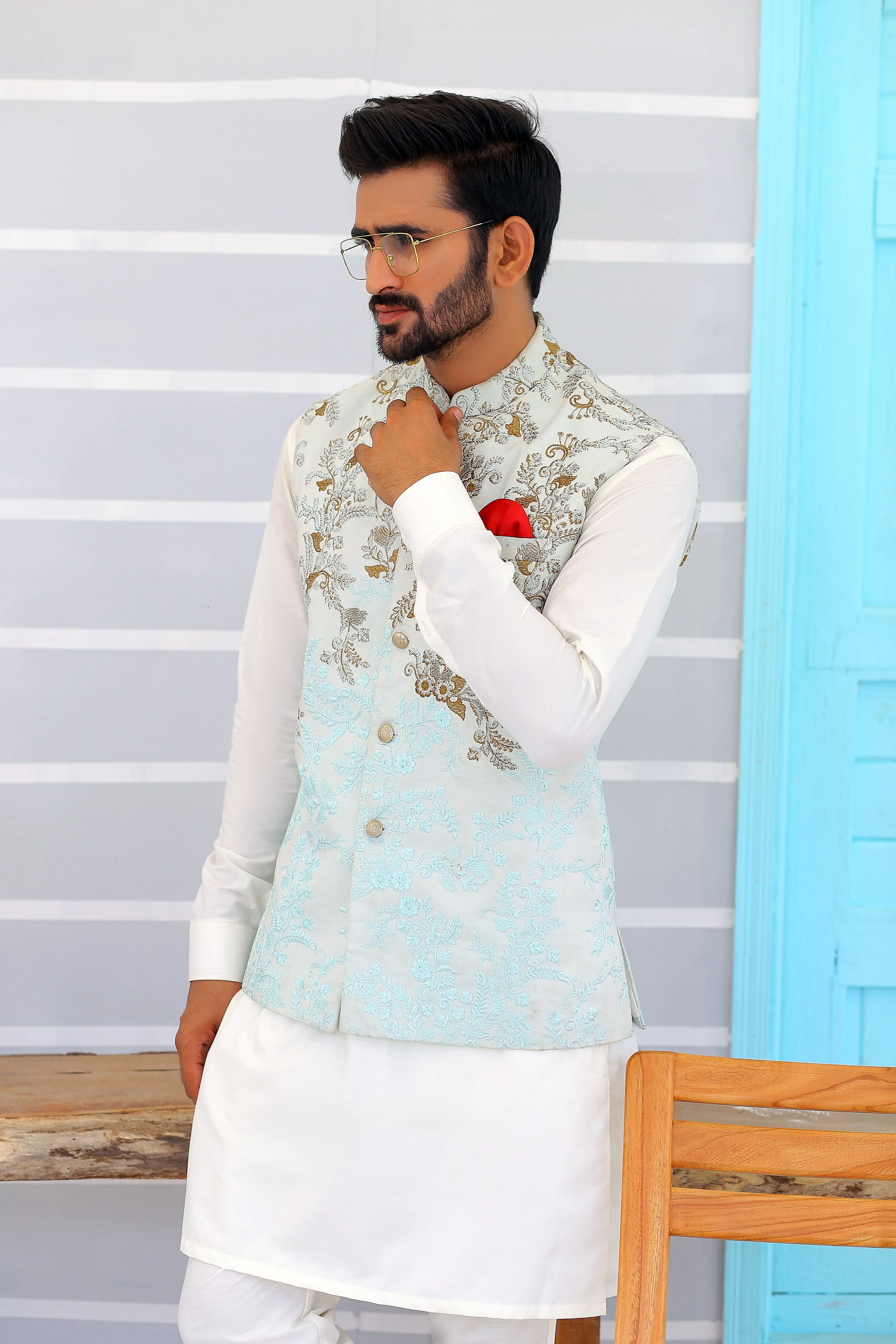 Edge Republic - ER WC 1086 Sky Blue Embroidered Waistcooat