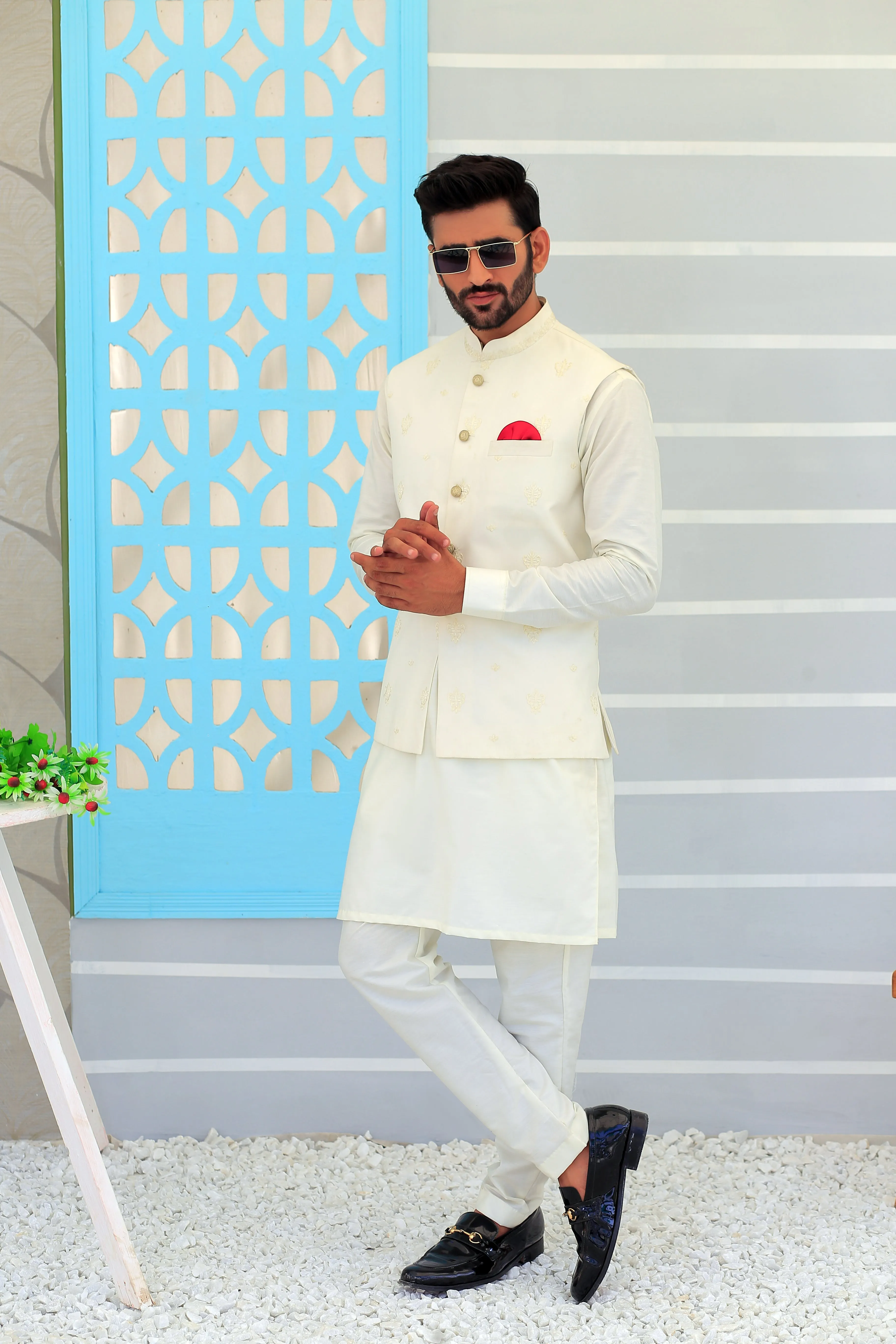Edge Republic - ER WC 1093 Off White Embroidered Waistcoat