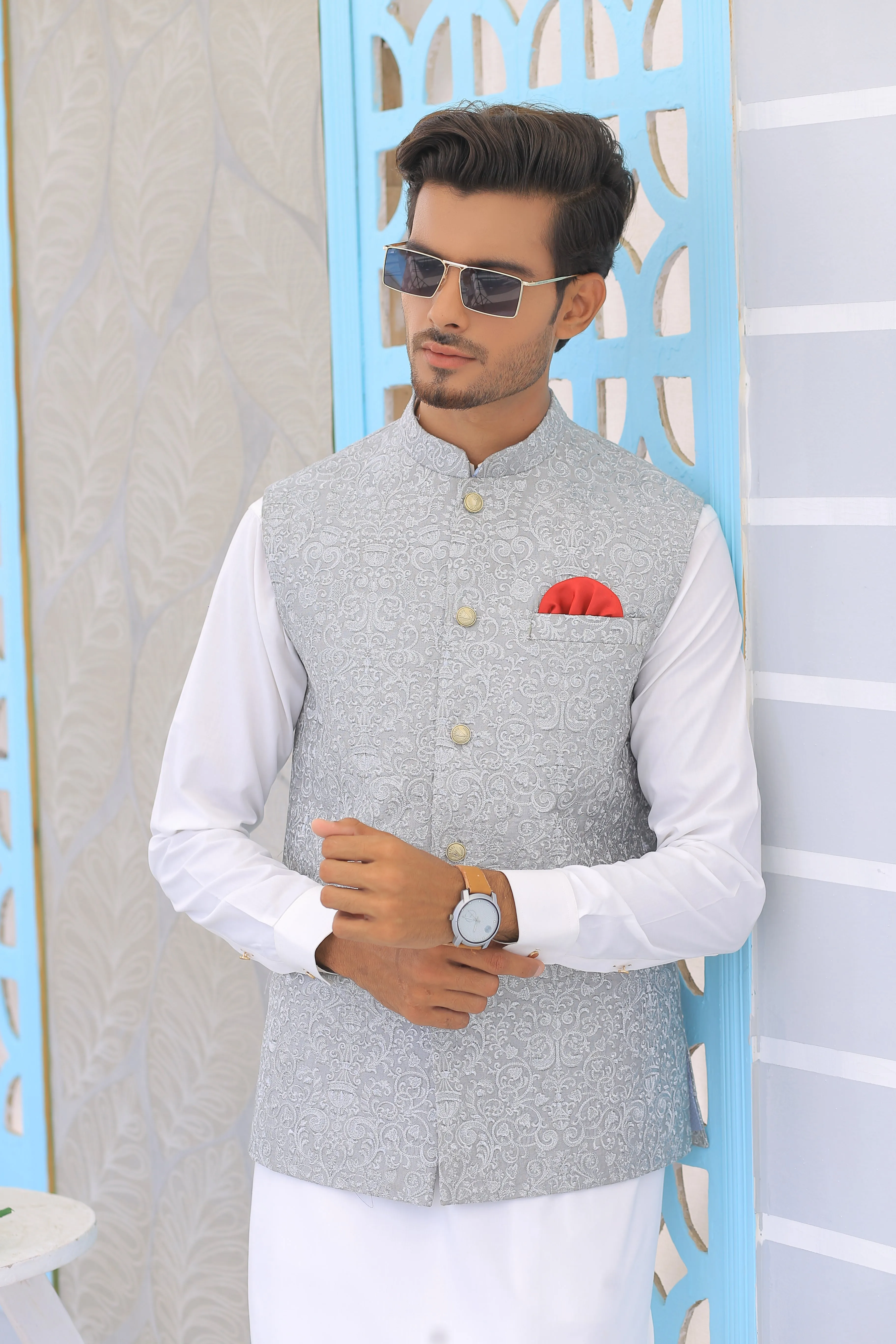 Edge Republic - ER WC 1098 Grey Silver Embroidered Waistcoat