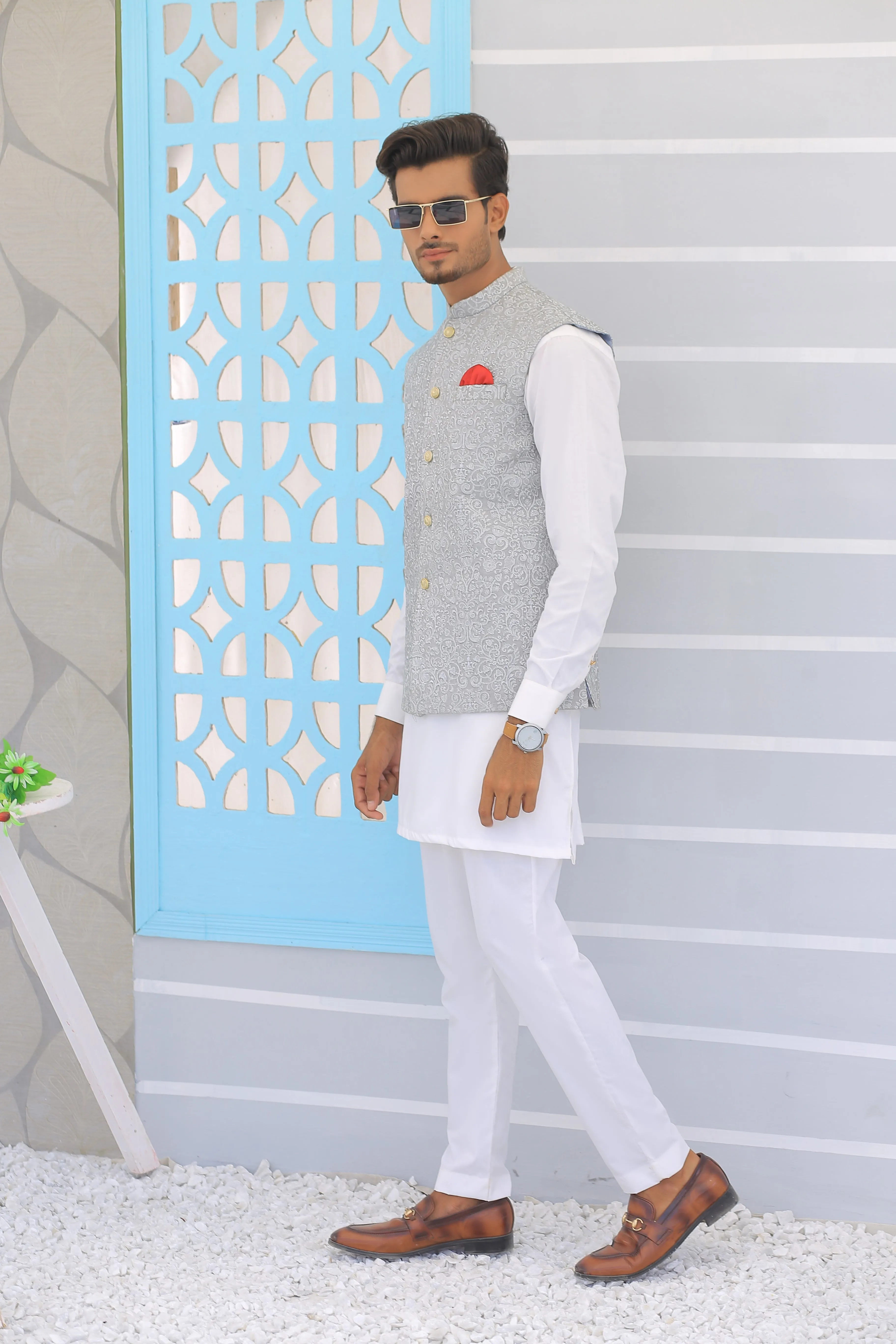 Edge Republic - ER WC 1098 Grey Silver Embroidered Waistcoat