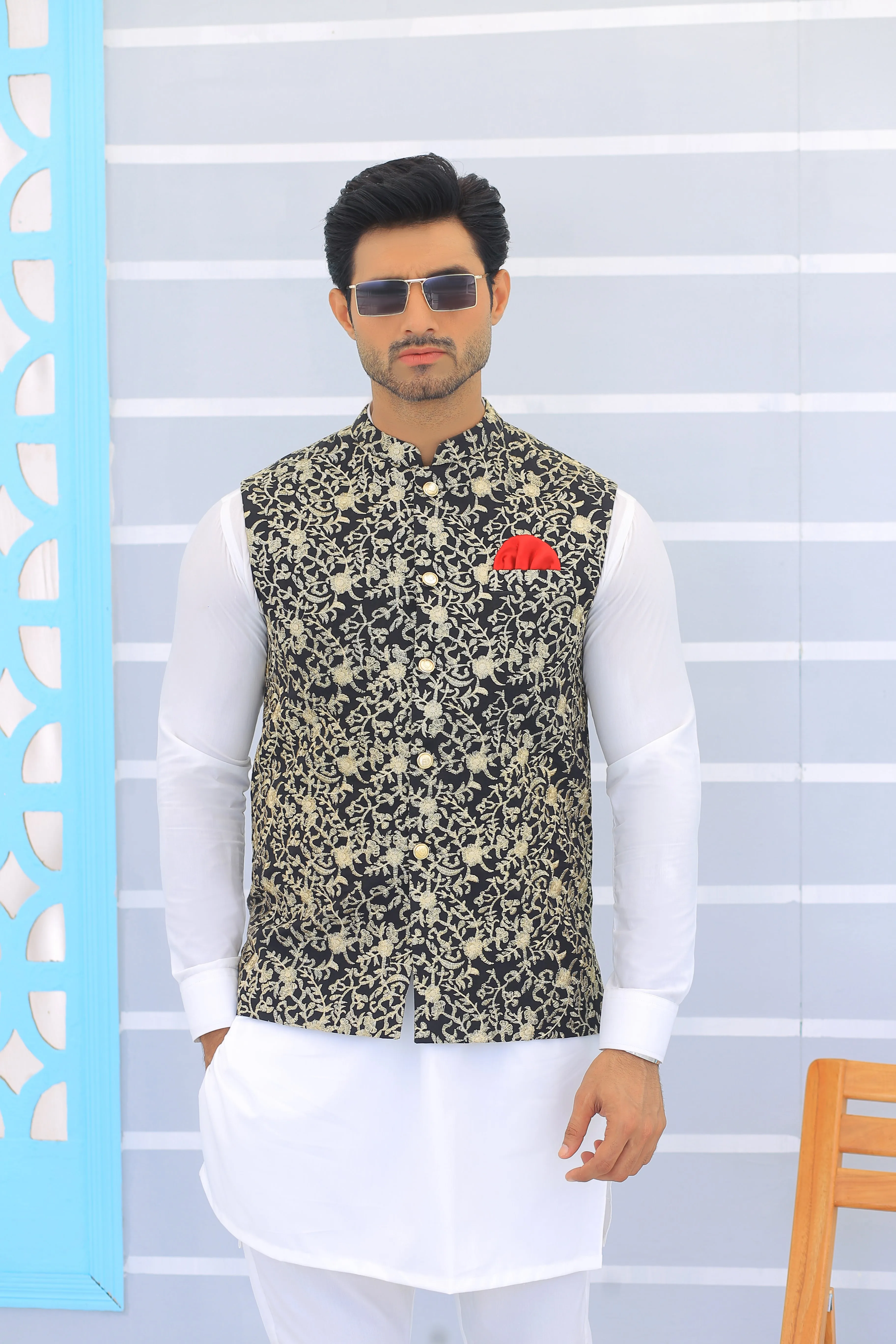 Edge Republic - ER WC 1099 Black Golden Embroidered Waistcoats For Men