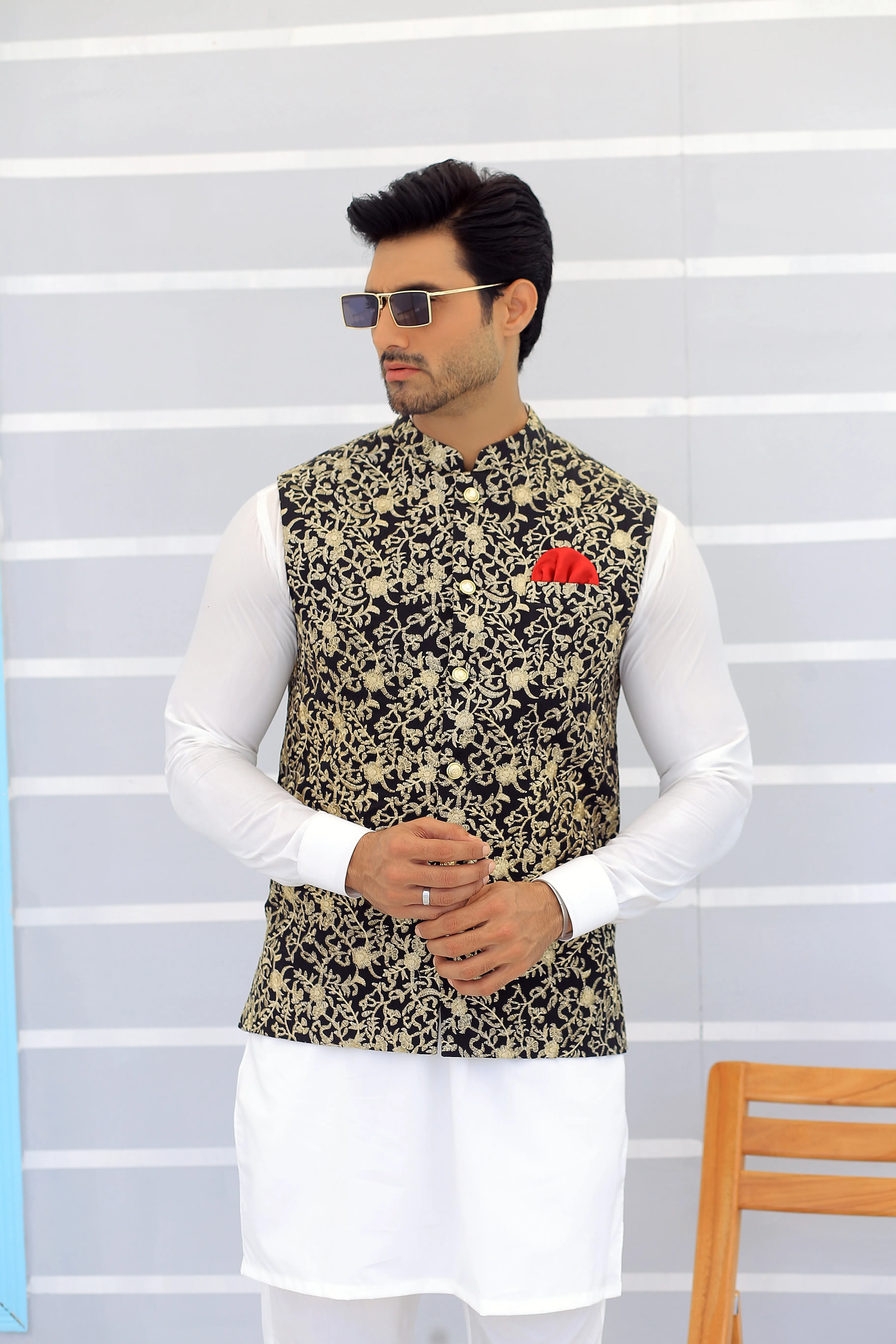 Edge Republic - ER WC 1099 Black Golden Embroidered Waistcoats For Men