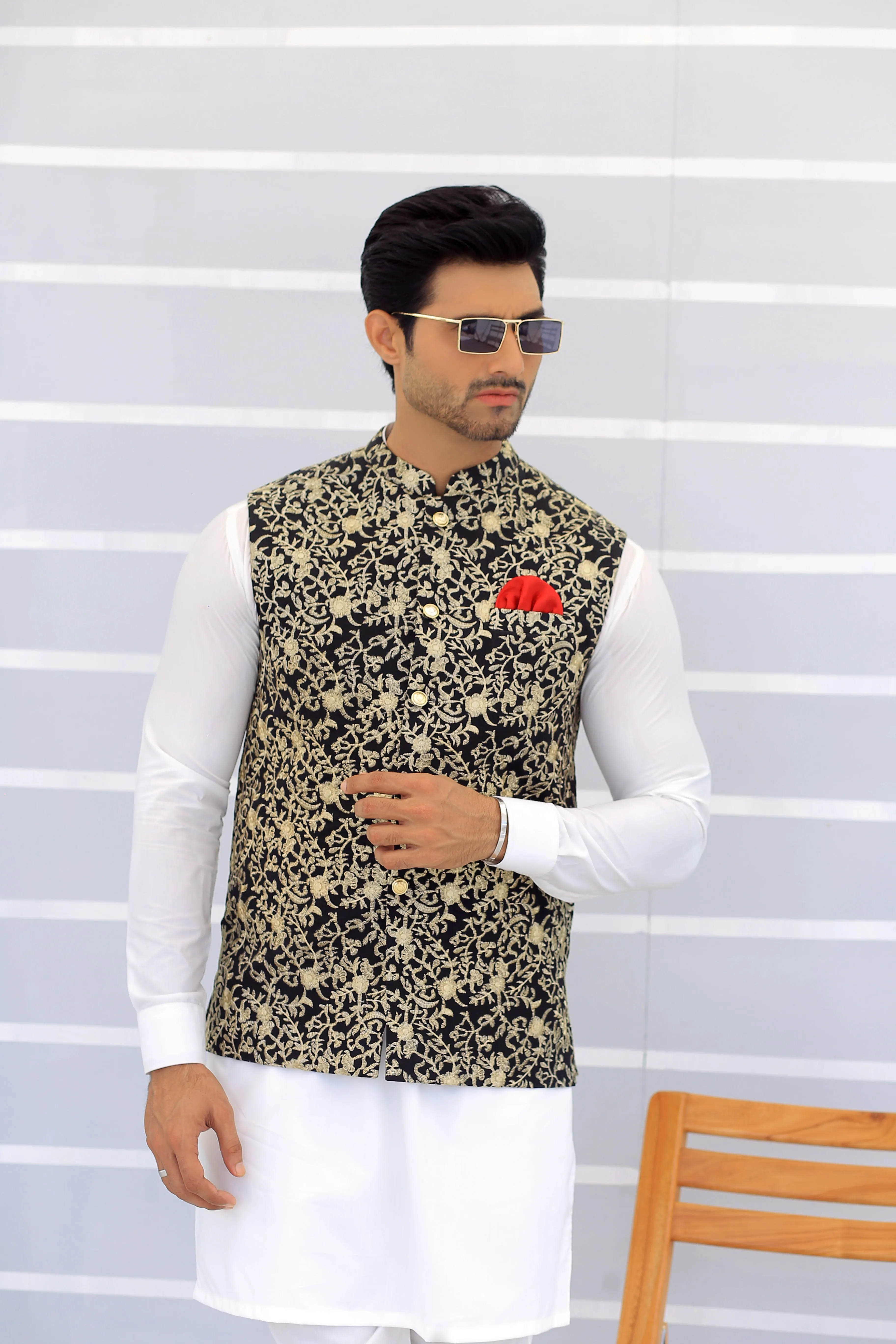 Edge Republic - ER WC 1099 Black Golden Embroidered Waistcoats For Men