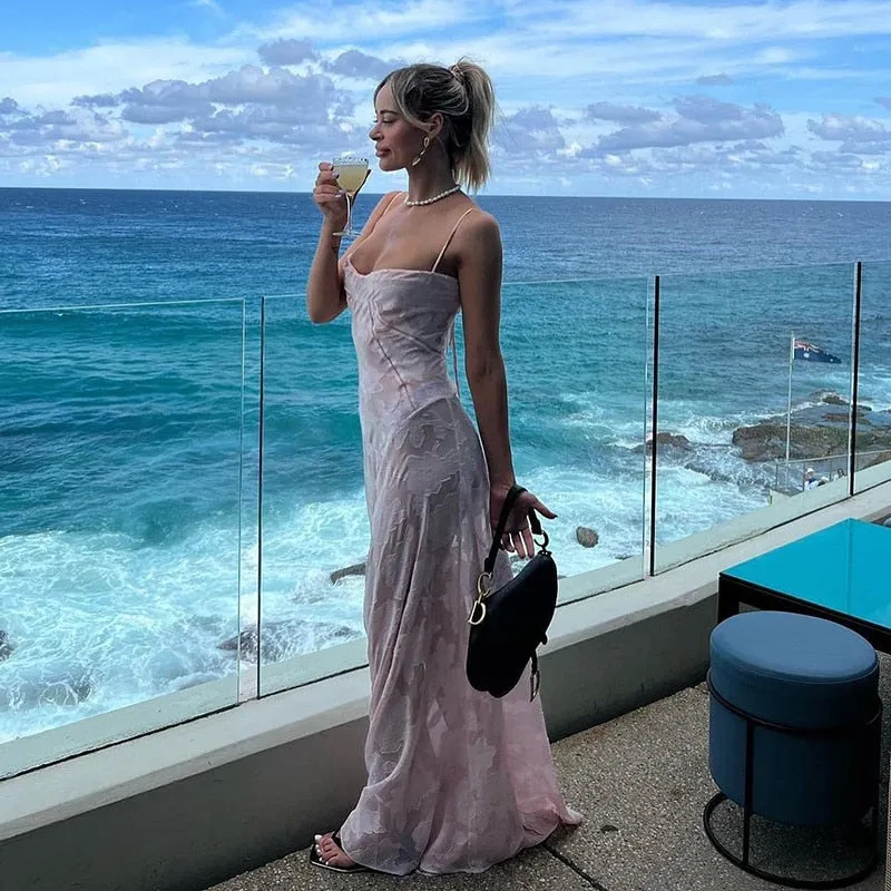 Elegant Fairy Fashion See Through Maxi Dress For Women Sexy Backless Straps Gown Club Party Long Dresses Vestidos Clothes Pink
