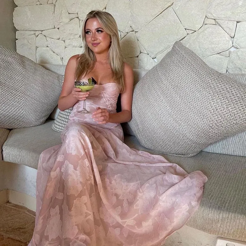 Elegant Fairy Fashion See Through Maxi Dress For Women Sexy Backless Straps Gown Club Party Long Dresses Vestidos Clothes Pink