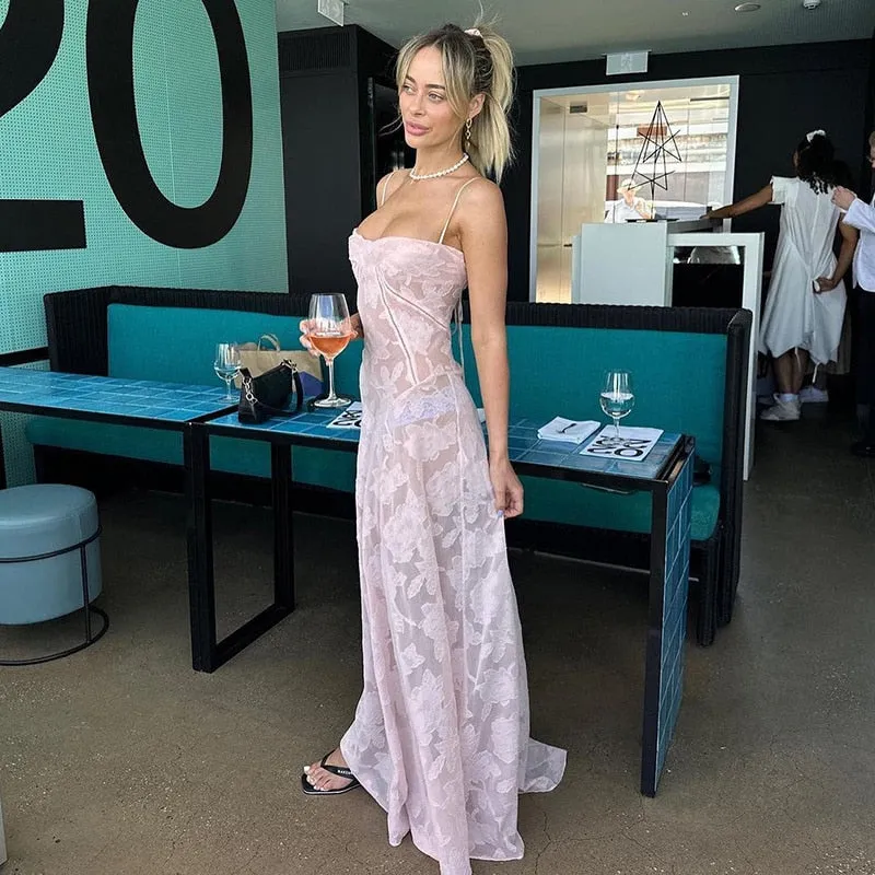 Elegant Fairy Fashion See Through Maxi Dress For Women Sexy Backless Straps Gown Club Party Long Dresses Vestidos Clothes Pink