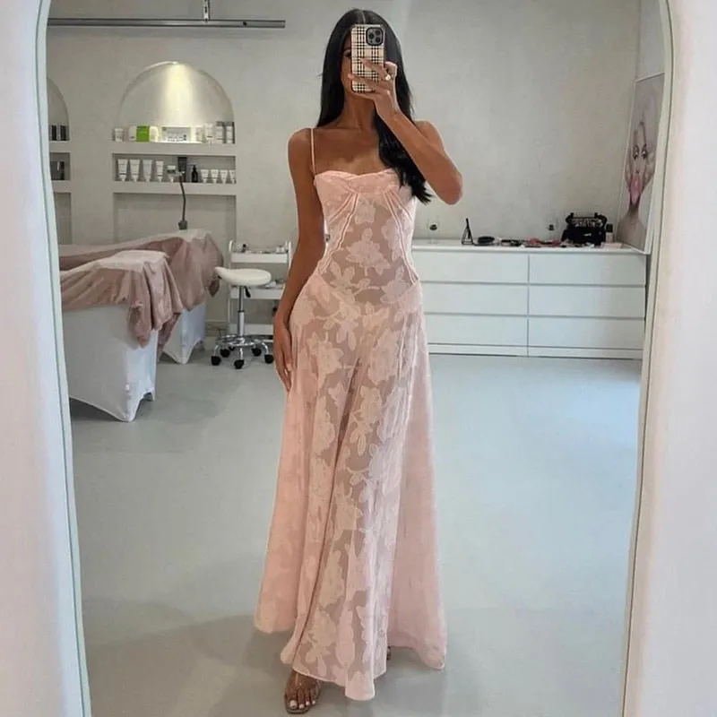 Elegant Fairy Fashion See Through Maxi Dress For Women Sexy Backless Straps Gown Club Party Long Dresses Vestidos Clothes Pink