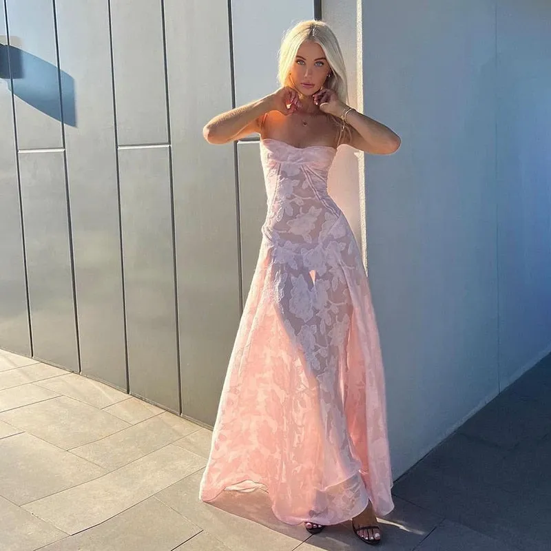 Elegant Fairy Fashion See Through Maxi Dress For Women Sexy Backless Straps Gown Club Party Long Dresses Vestidos Clothes Pink