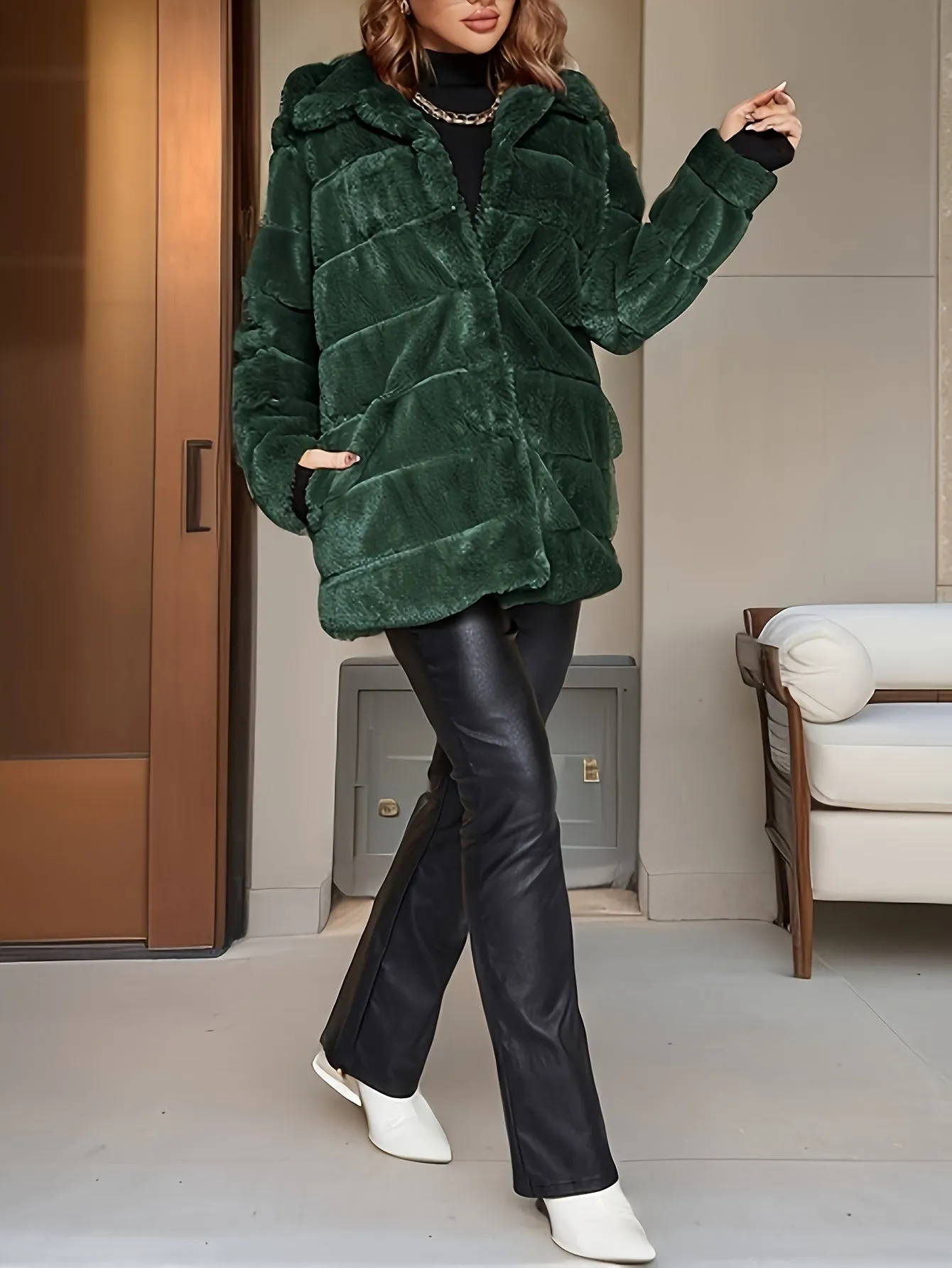 Elegant Faux Fur Coat with Button Details for Women
