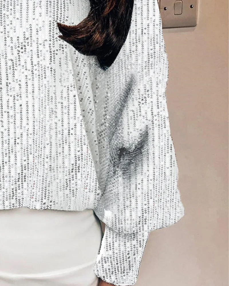 Elegant One-Shoulder High Neck Lantern Sleeve Sequin Top