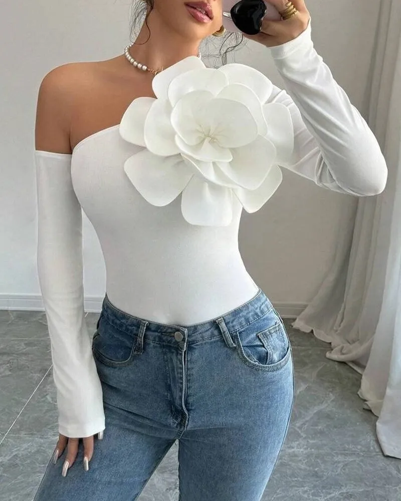 Elegant One-Shoulder Long-Sleeve Top with 3D Floral Decoration