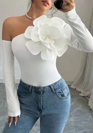 Elegant One-Shoulder Long-Sleeve Top with 3D Floral Decoration