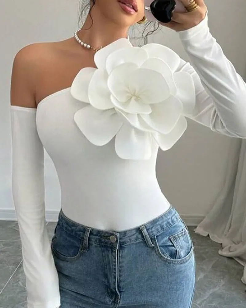 Elegant One-Shoulder Long-Sleeve Top with 3D Floral Decoration