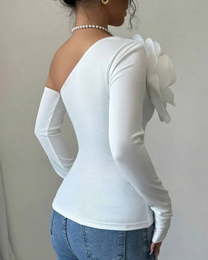 Elegant One-Shoulder Long-Sleeve Top with 3D Floral Decoration