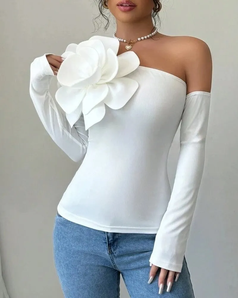 Elegant One-Shoulder Long-Sleeve Top with 3D Floral Decoration