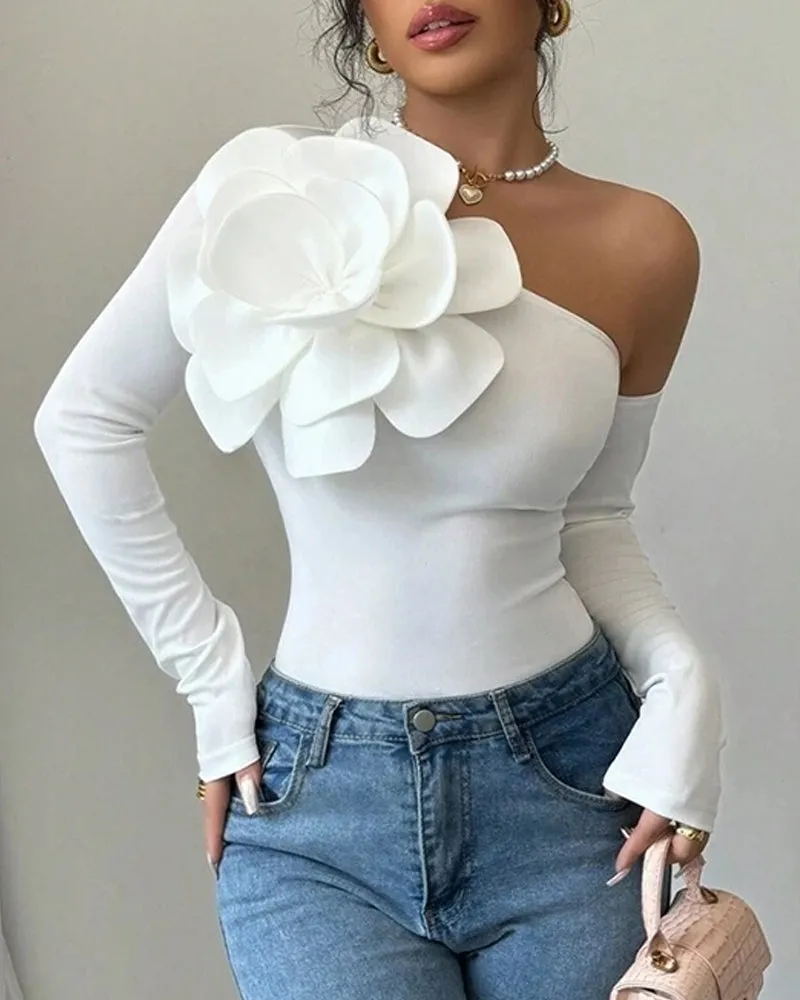 Elegant One-Shoulder Long-Sleeve Top with 3D Floral Decoration