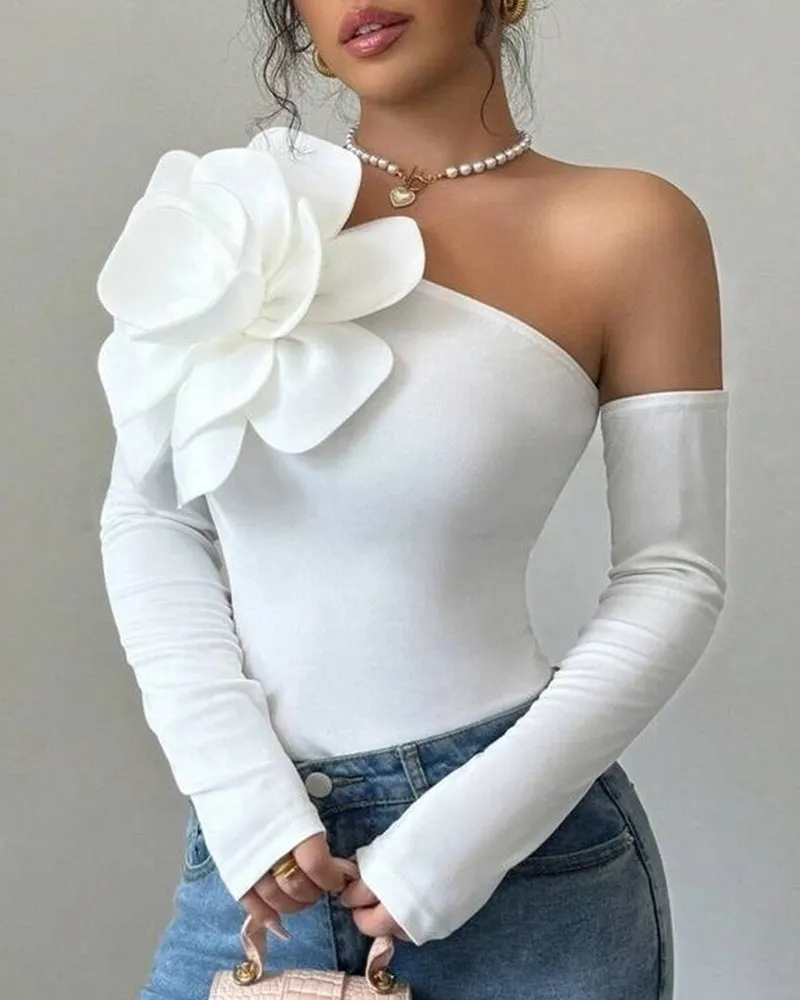 Elegant One-Shoulder Long-Sleeve Top with 3D Floral Decoration