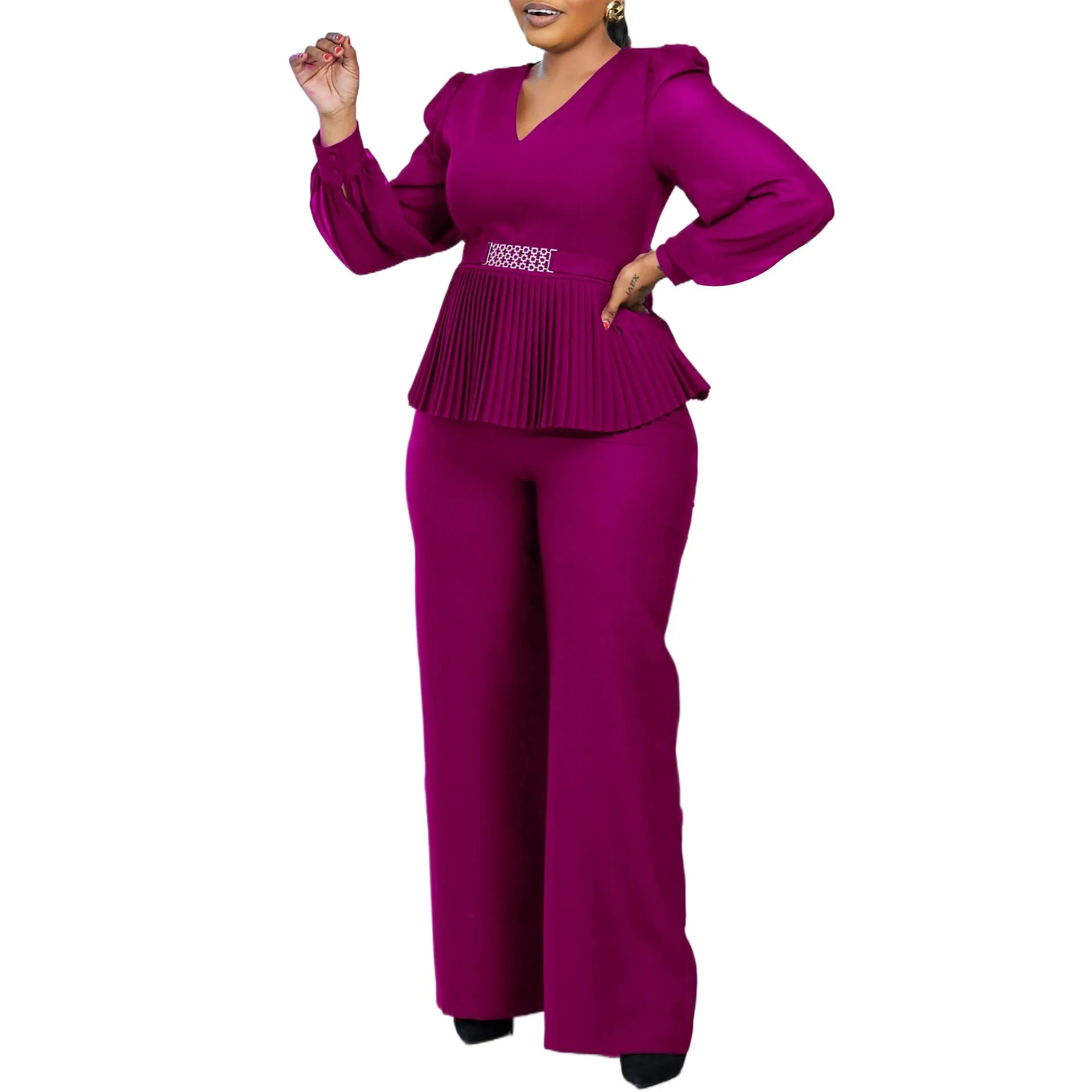 Elegant Pleated Peplum Top and Wide-Leg Pants Two-Piece Set
