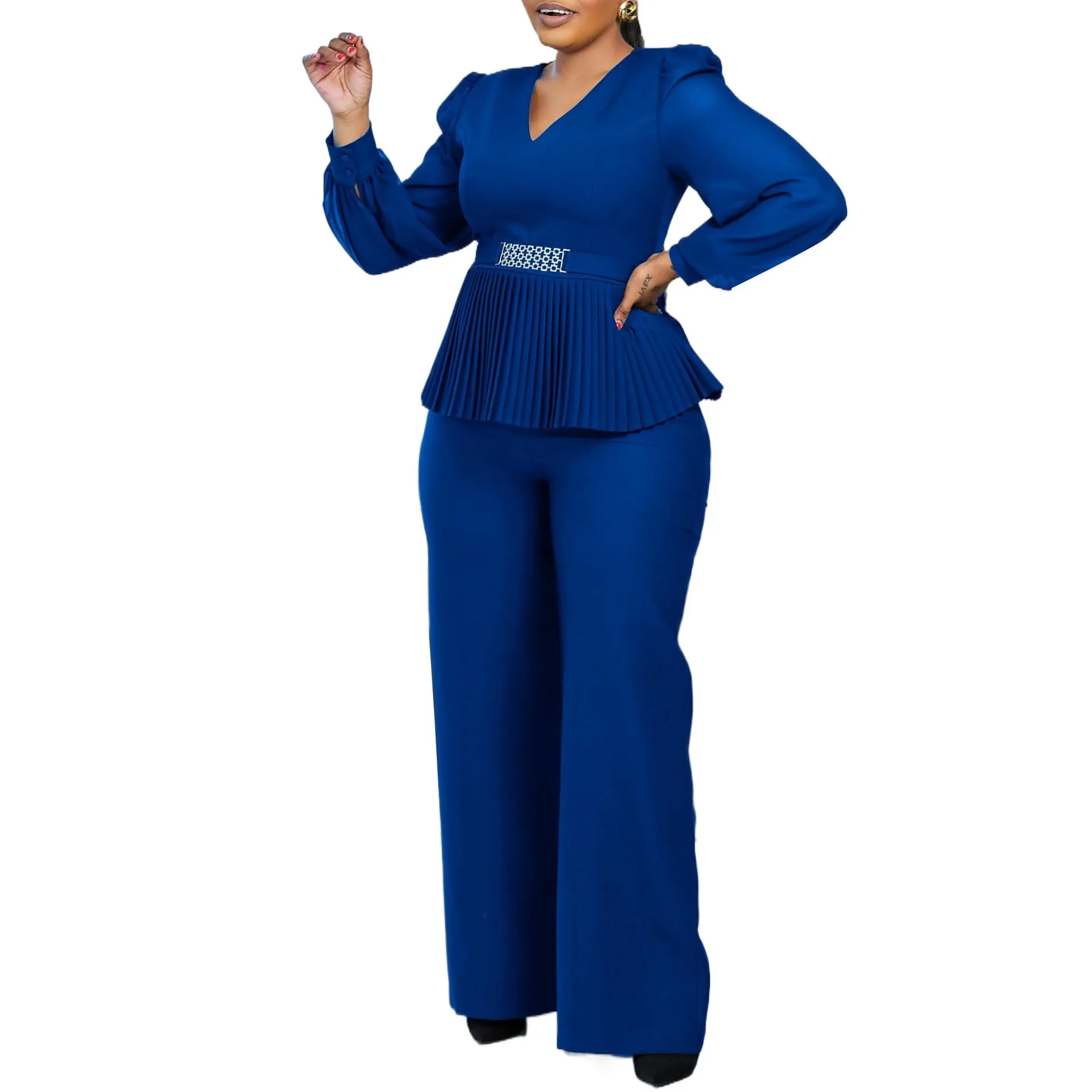 Elegant Pleated Peplum Top and Wide-Leg Pants Two-Piece Set