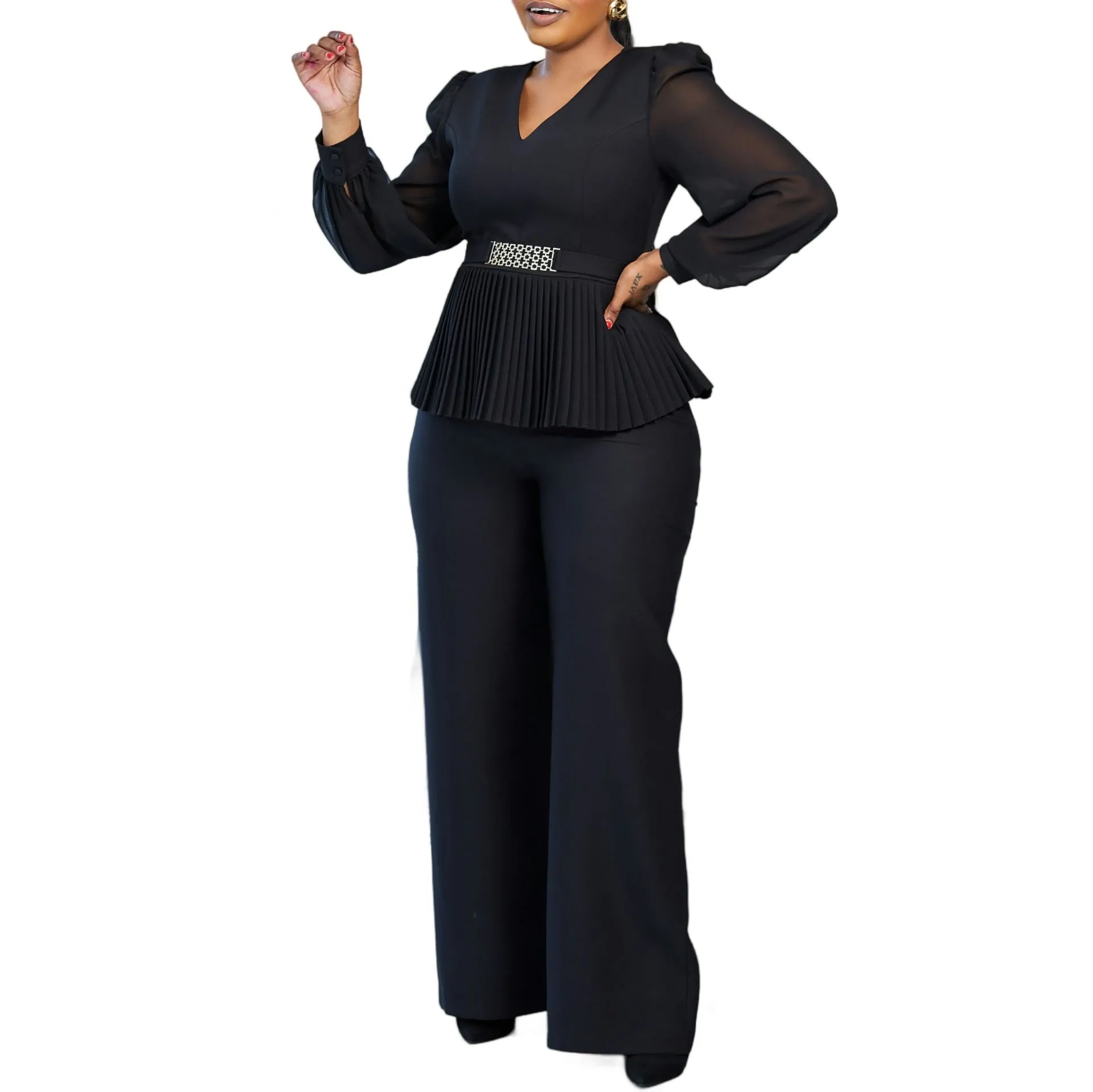 Elegant Pleated Peplum Top and Wide-Leg Pants Two-Piece Set