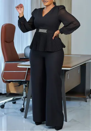 Elegant Pleated Peplum Top and Wide-Leg Pants Two-Piece Set