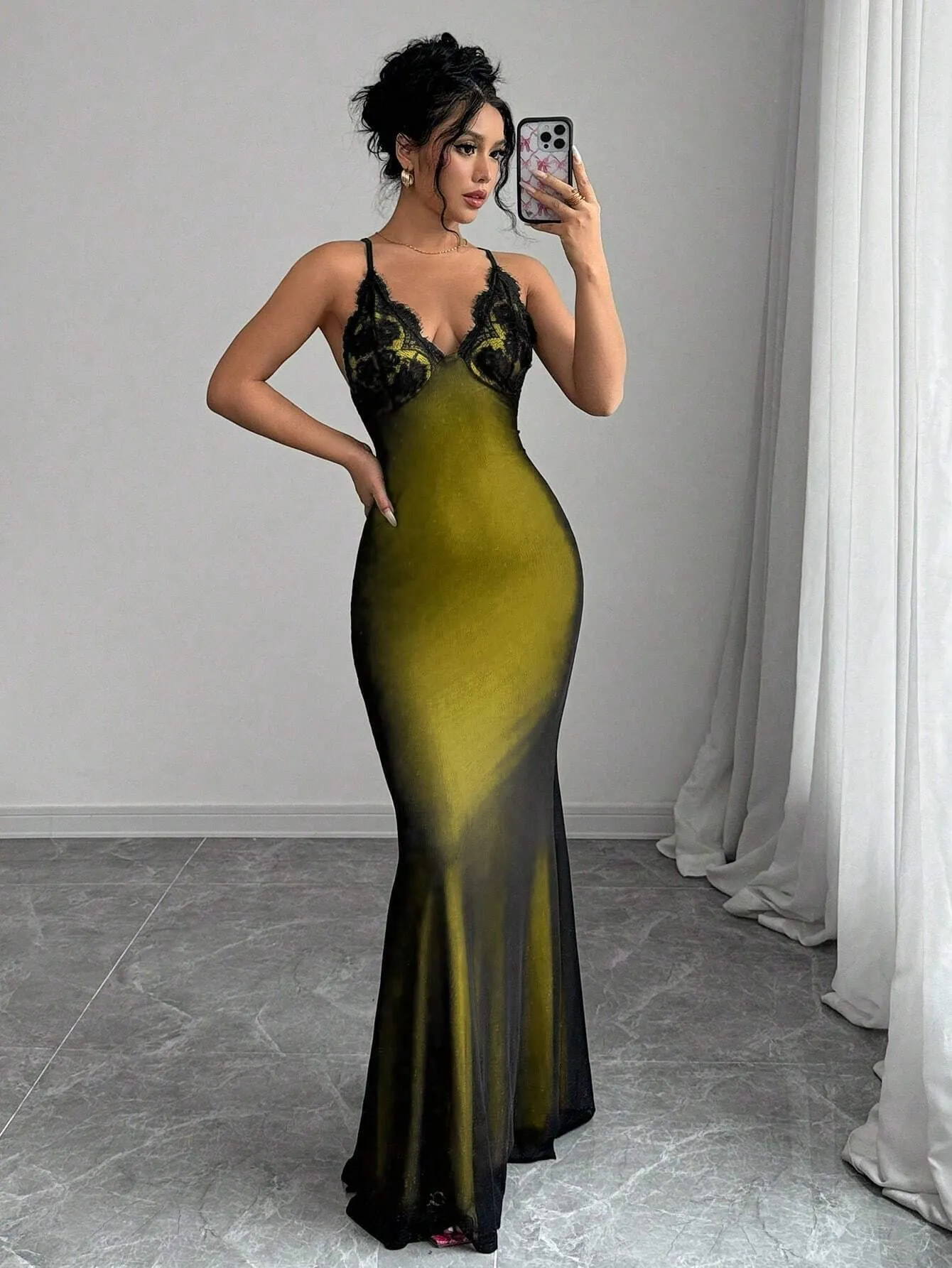 Elenzya Women's Spaghetti Strap V-Neck Contrast Lace Crisscross Back Mesh Fishtail Dress