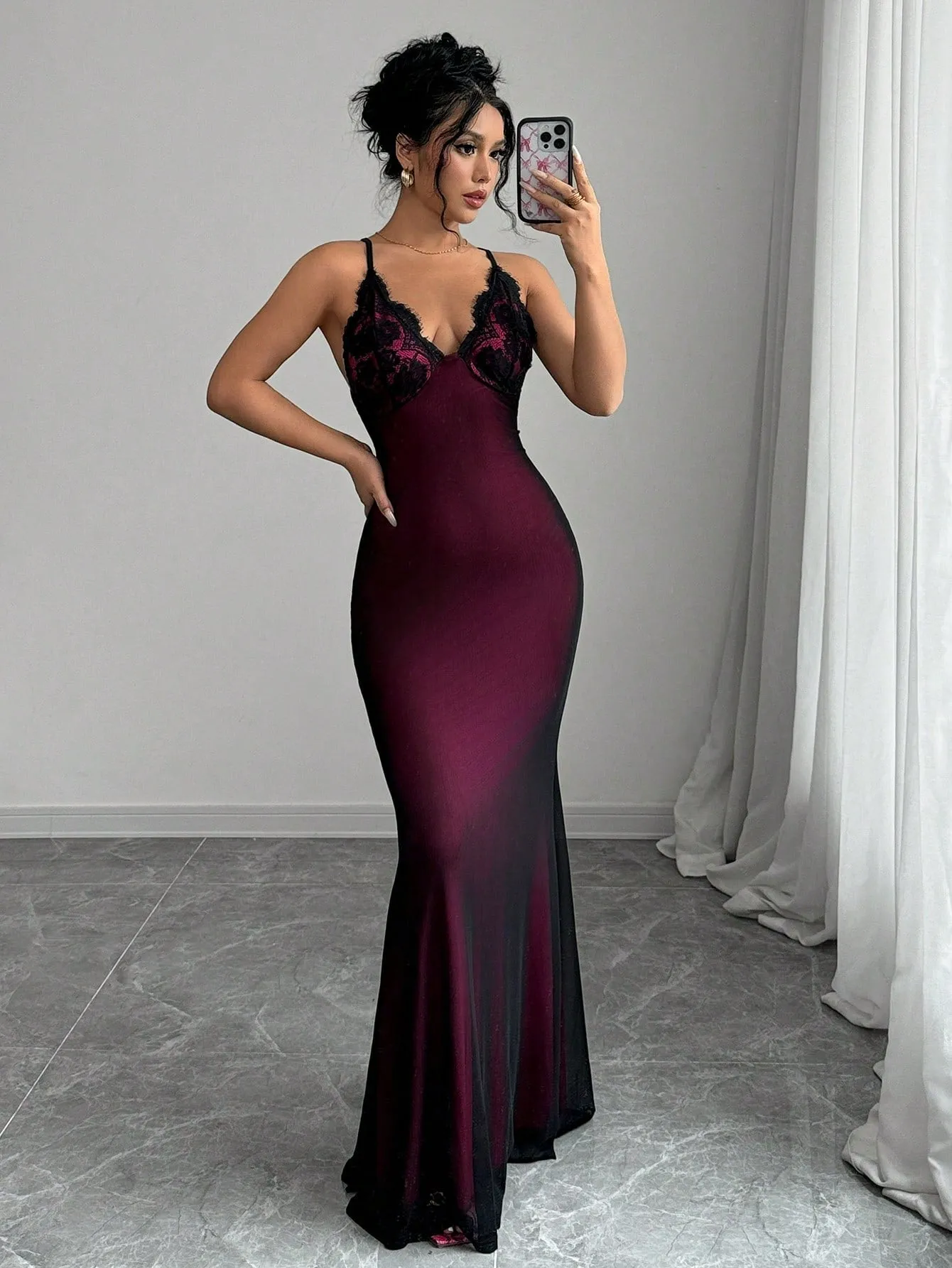 Elenzya Women's Spaghetti Strap V-Neck Contrast Lace Crisscross Back Mesh Fishtail Dress