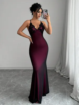 Elenzya Women's Spaghetti Strap V-Neck Contrast Lace Crisscross Back Mesh Fishtail Dress