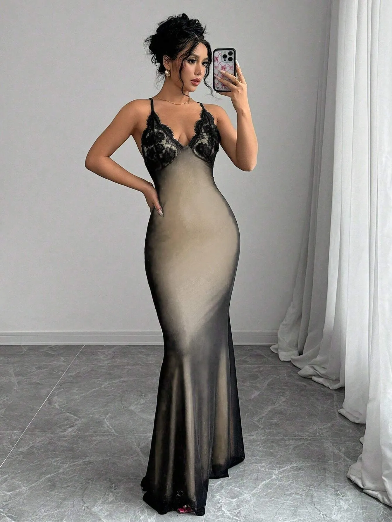 Elenzya Women's Spaghetti Strap V-Neck Contrast Lace Crisscross Back Mesh Fishtail Dress