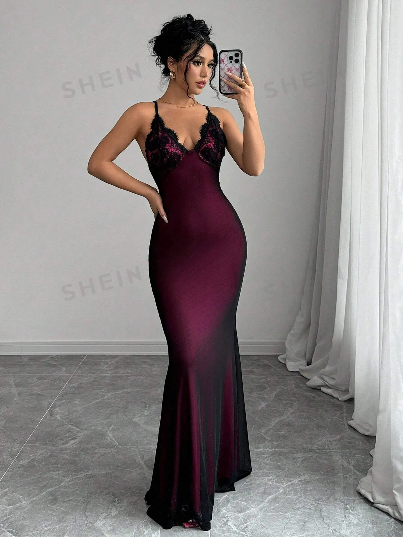 Elenzya Women's Spaghetti Strap V-Neck Contrast Lace Crisscross Back Mesh Fishtail Dress