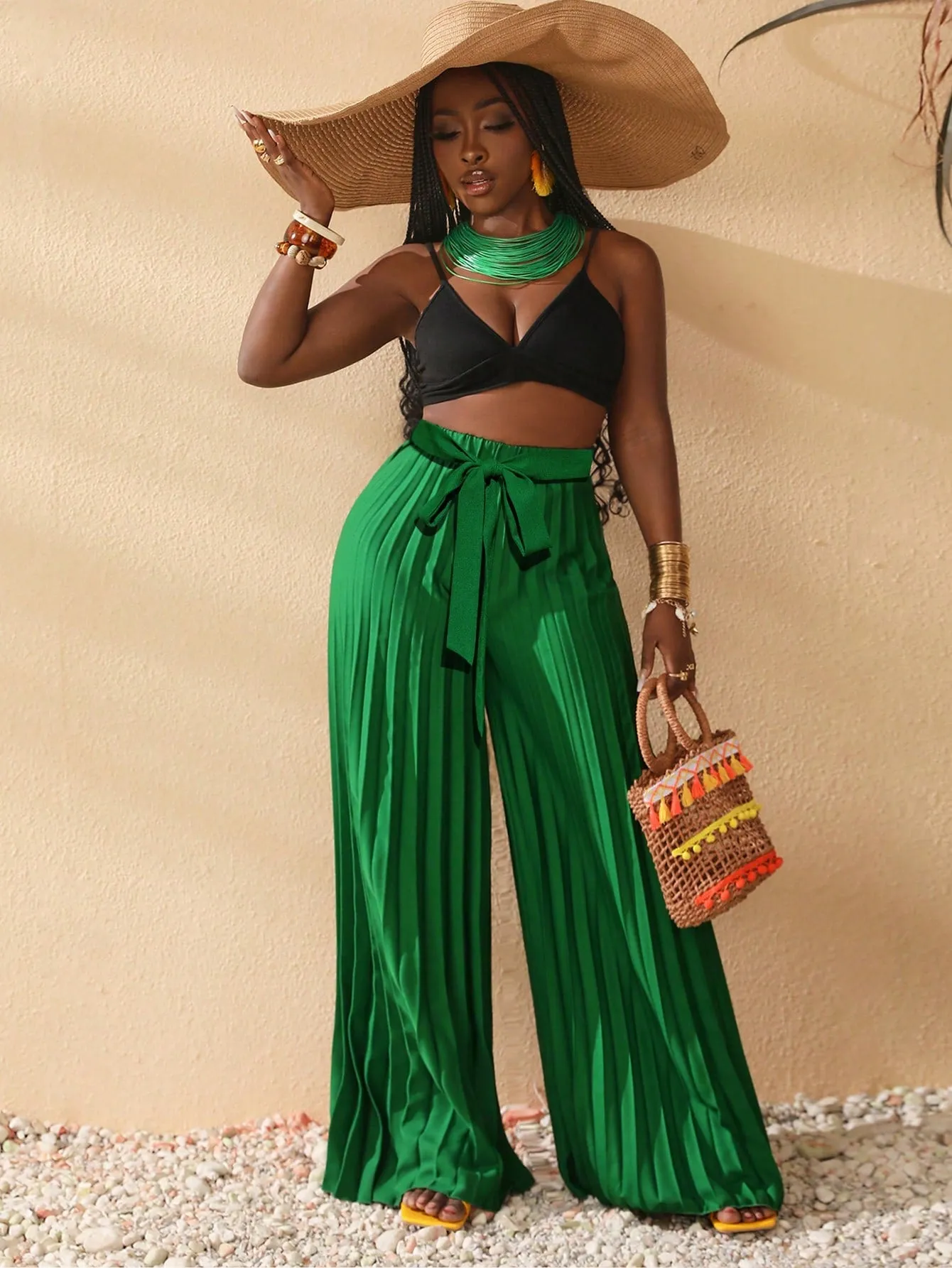 Emerald Green Pleated Wide Leg Pants