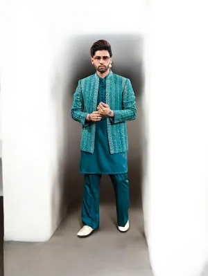 ER PC 3006 Peacock Green Prince Coat Front Open Hand Work For Men