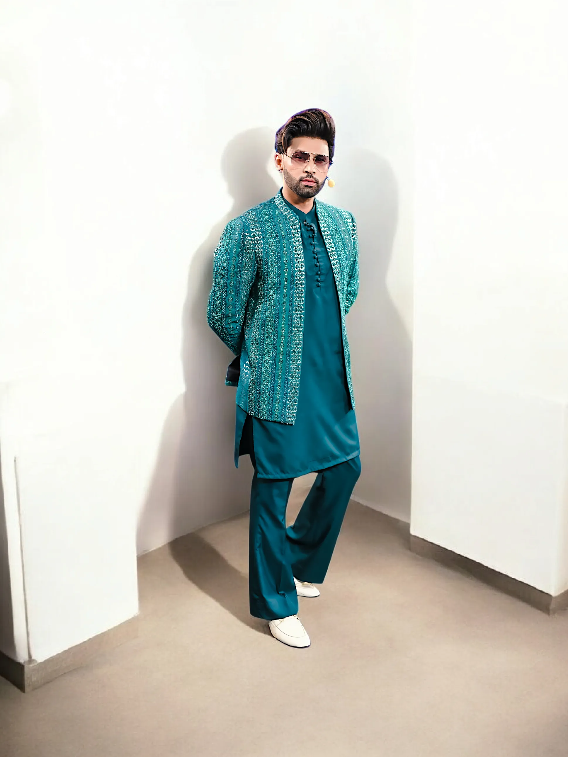 ER PC 3006 Peacock Green Prince Coat Front Open Hand Work For Men