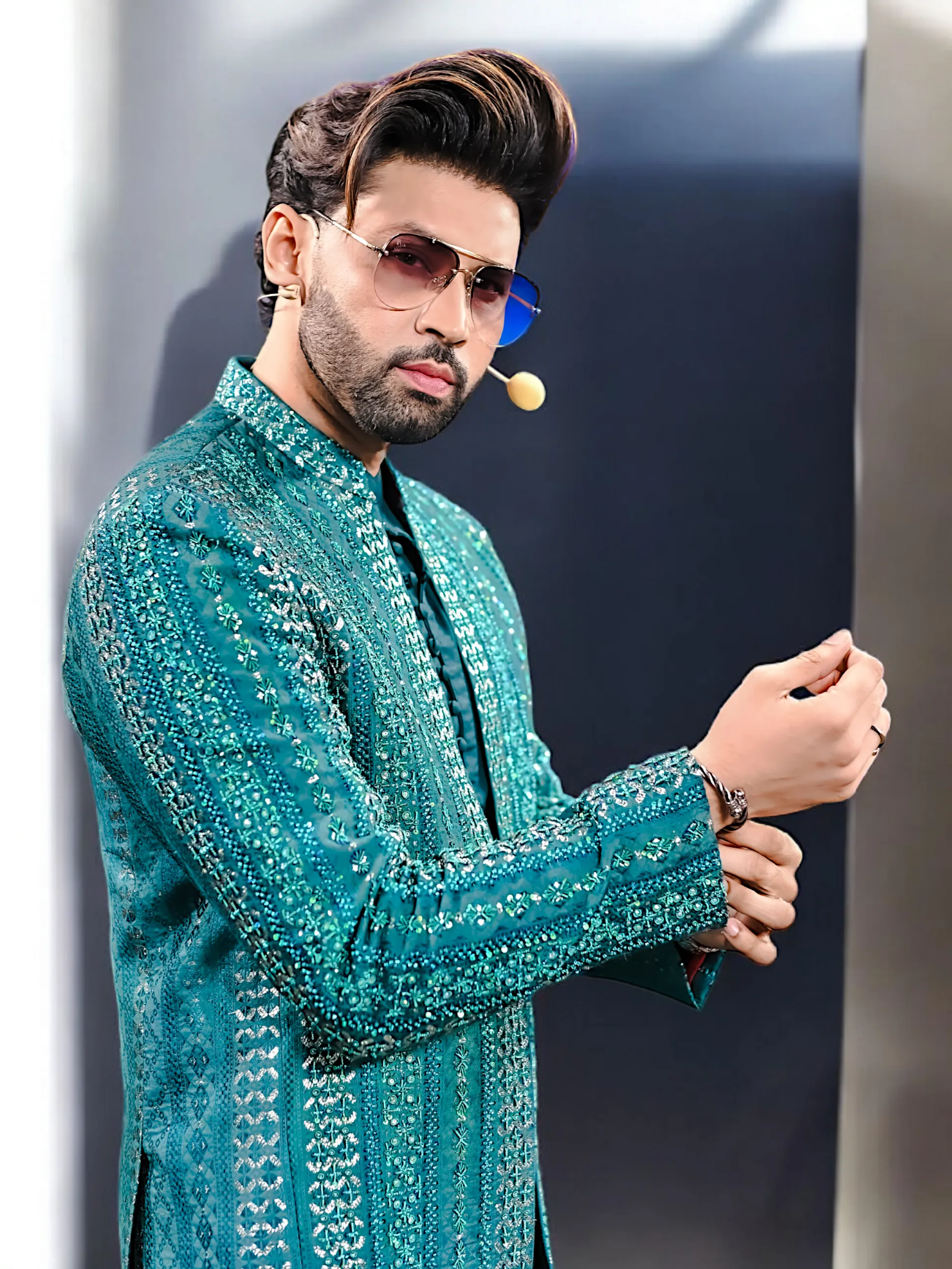 ER PC 3006 Peacock Green Prince Coat Front Open Hand Work For Men