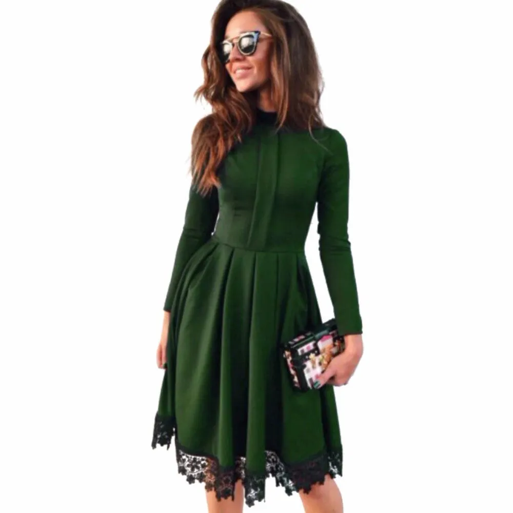 Fashion Women Long Sleeve Slim KNEE-LENGTH Dresses Green Party Dresses Plus Size