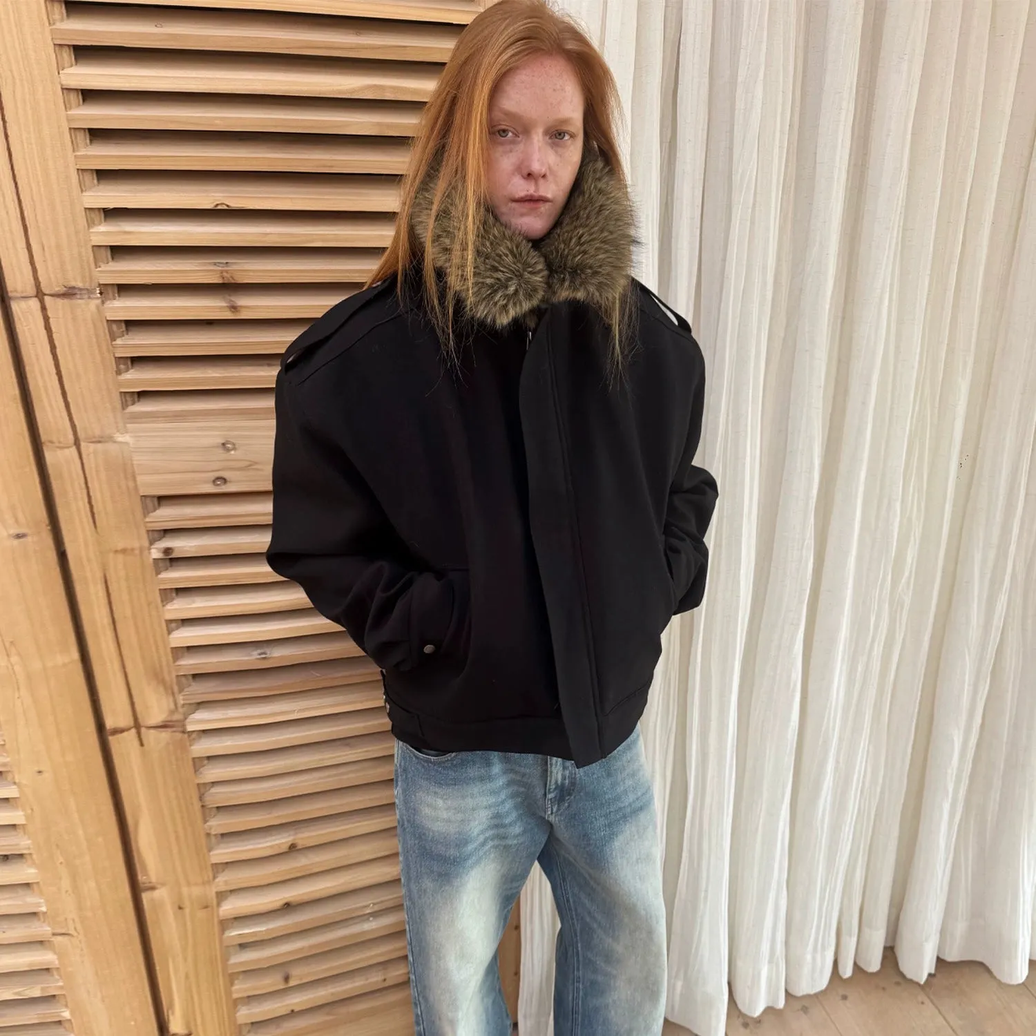 Faux Fur Collar Black Jacket