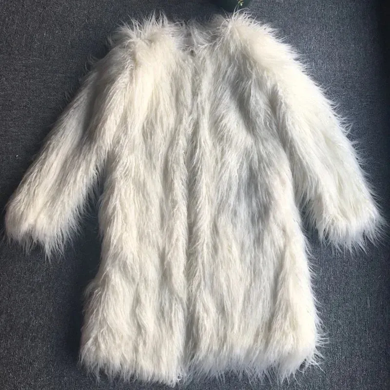 Faux Fur Long Jacket Lapel Furry Coats Overcoat Women Fashion Winter Warm Plush Trenchcoat
