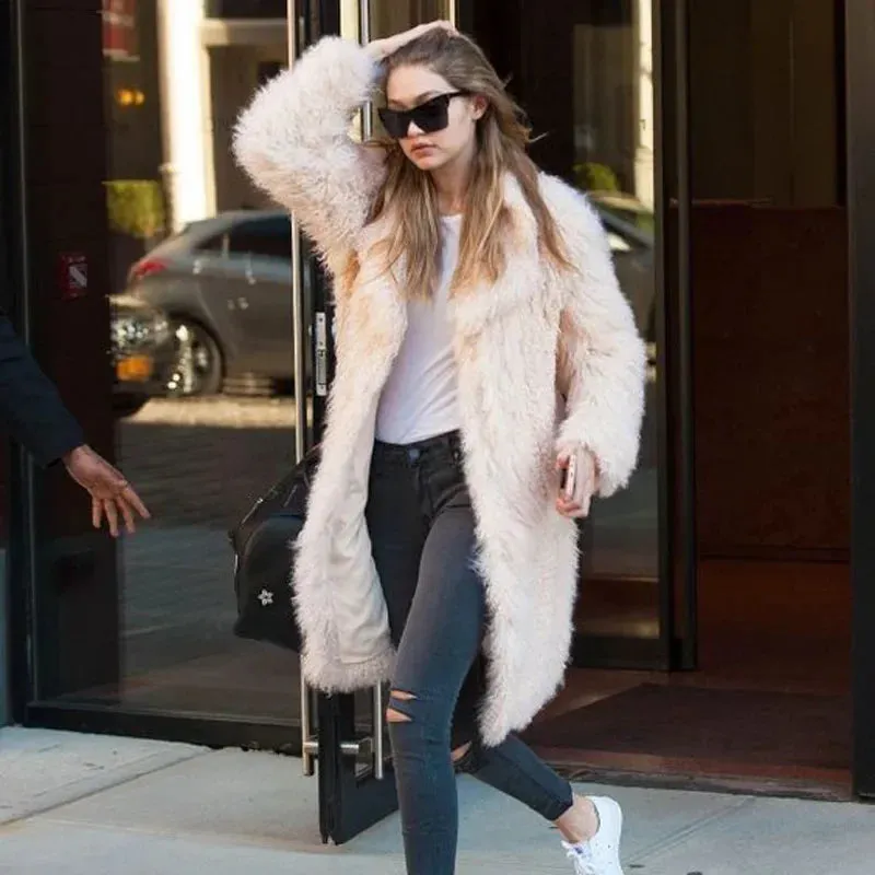Faux Fur Long Jacket Lapel Furry Coats Overcoat Women Fashion Winter Warm Plush Trenchcoat
