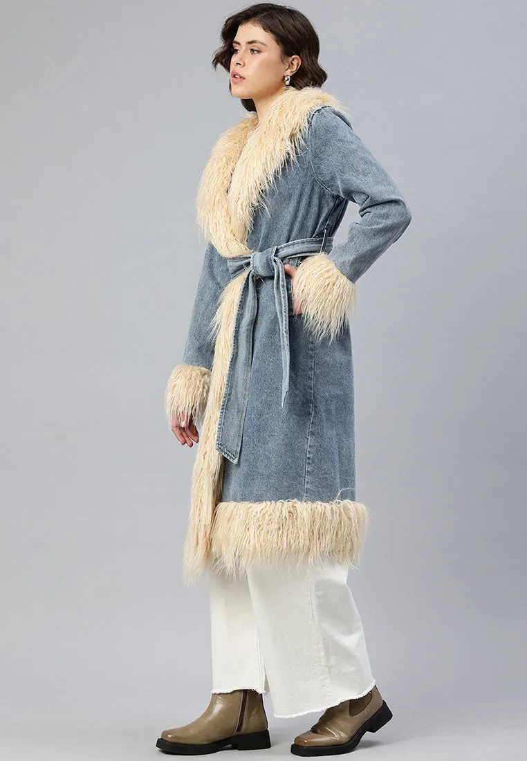 Faux Fur Trim Denim Trench Coat By RUW