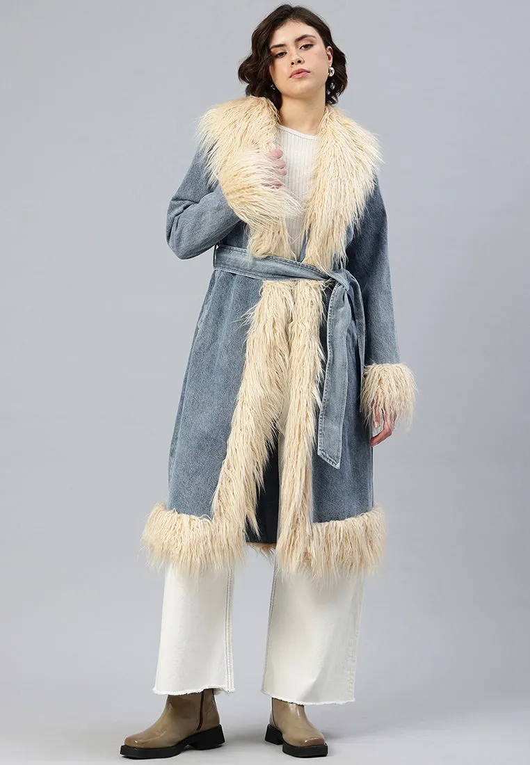 Faux Fur Trim Denim Trench Coat By RUW