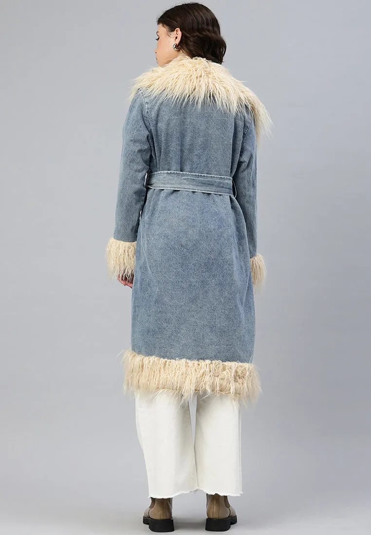 Faux Fur Trim Denim Trench Coat By RUW