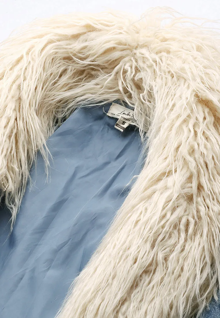 Faux Fur Trim Denim Trench Coat By RUW