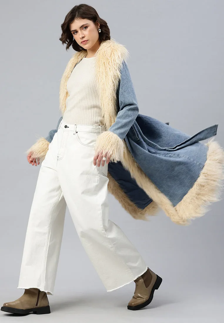 Faux Fur Trim Denim Trench Coat By RUW