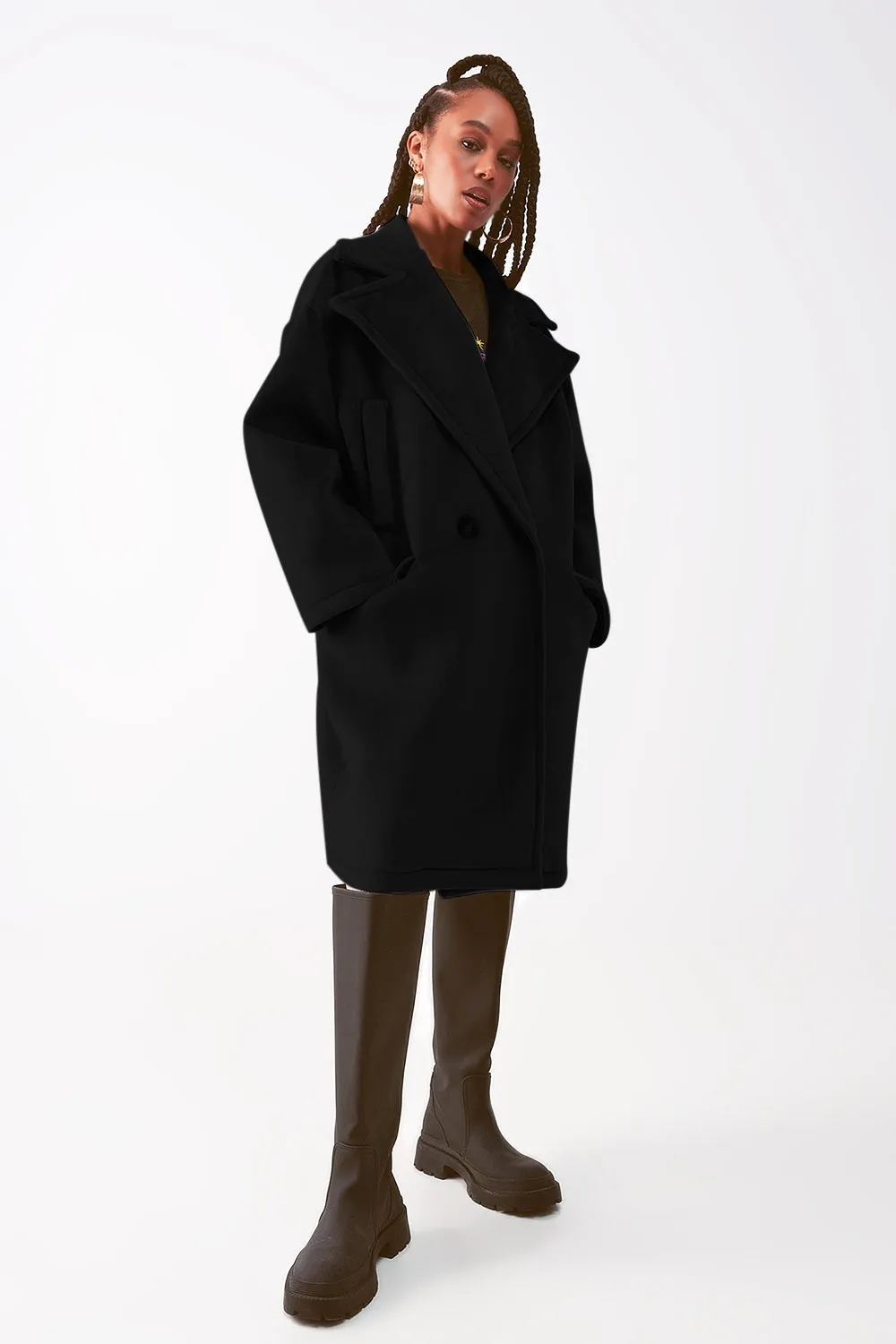 Faux suede oversized coat in black