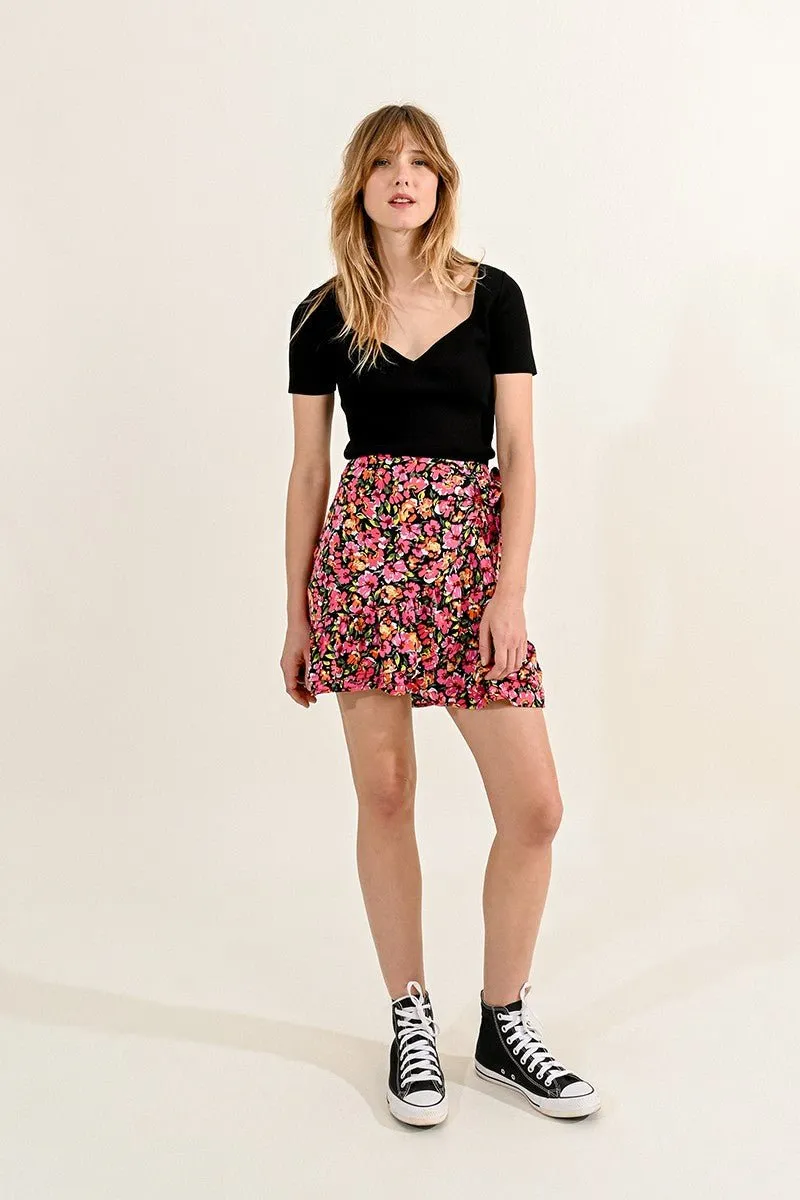 FAUX WRAP FLORAL MINI SKIRT